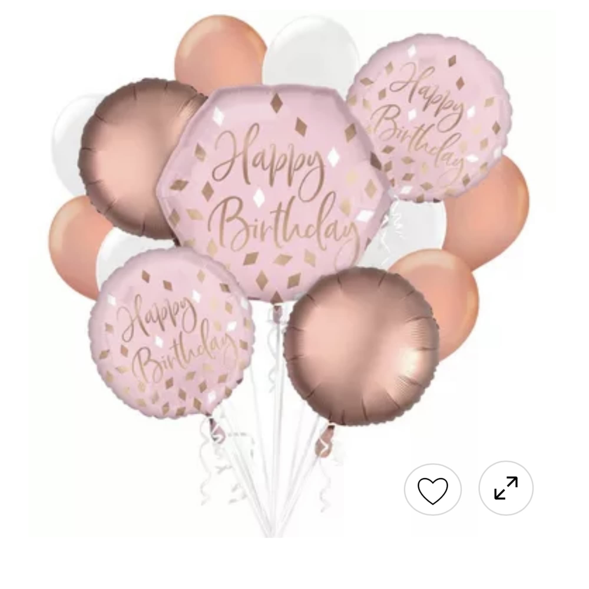 Cluster of pink and rose gold birthday balloons with confetti print