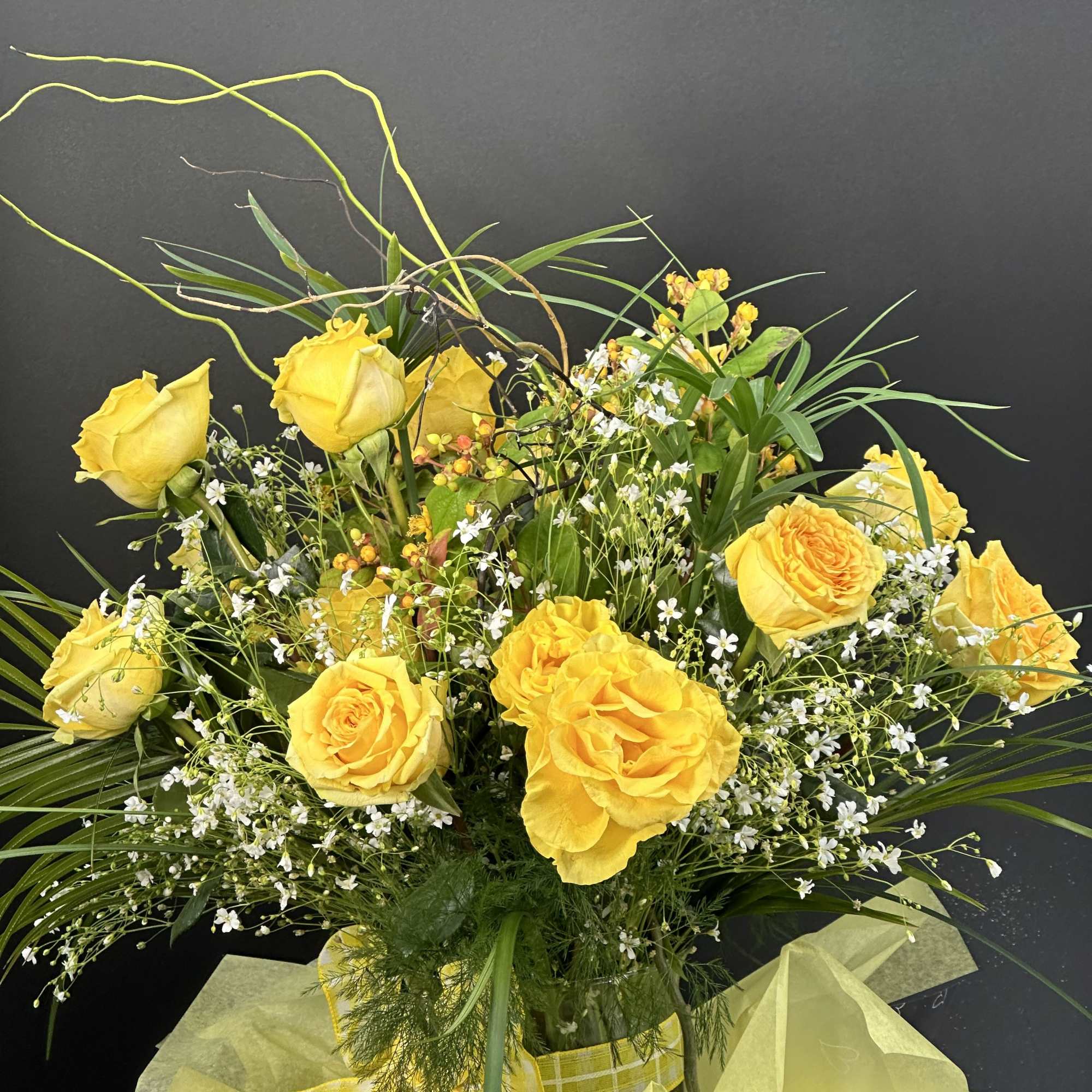 Beautiful yellow roses , greenery and flowers box is a great combination, photo 4 of 5