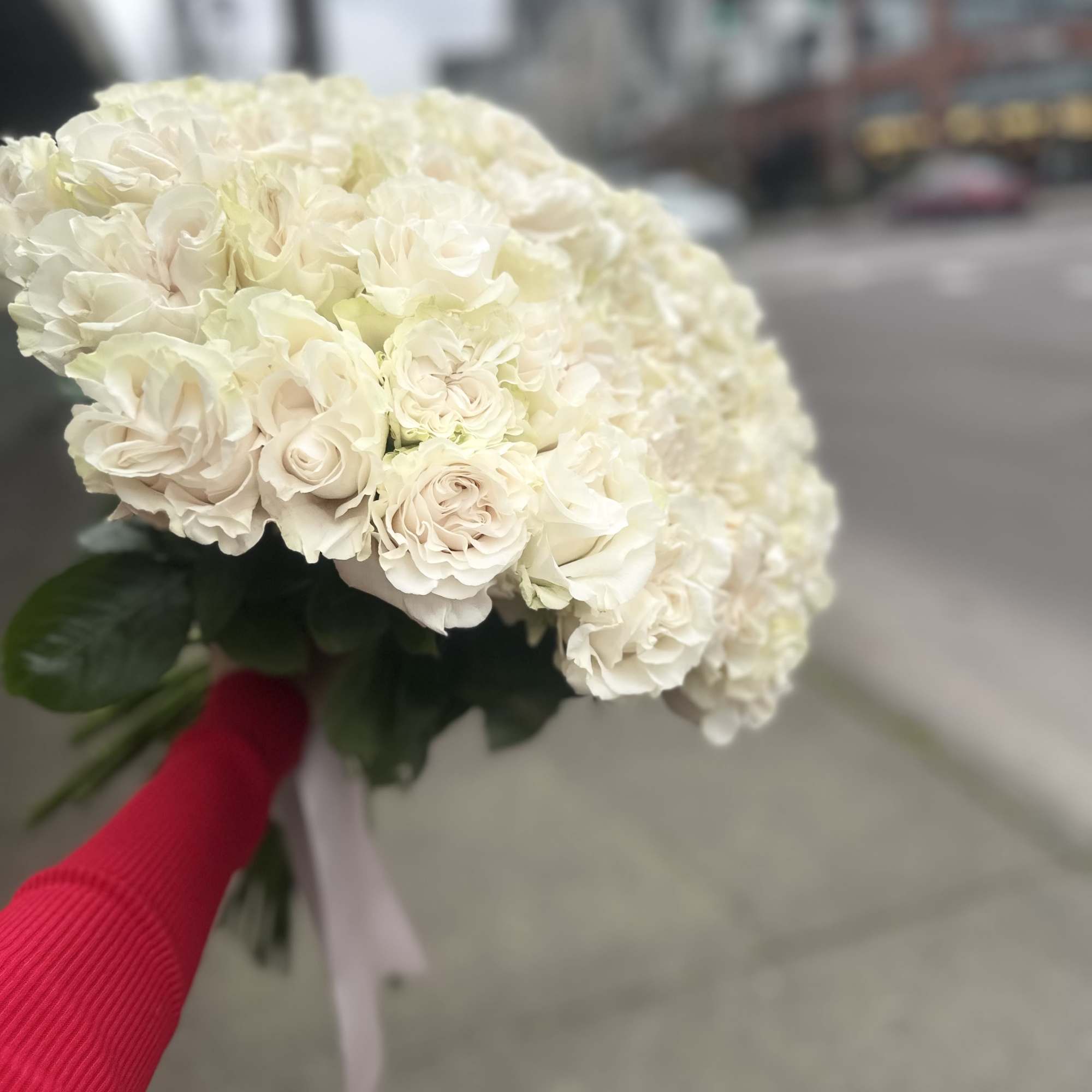 Cream-white rose bouquet with a pink ribbon