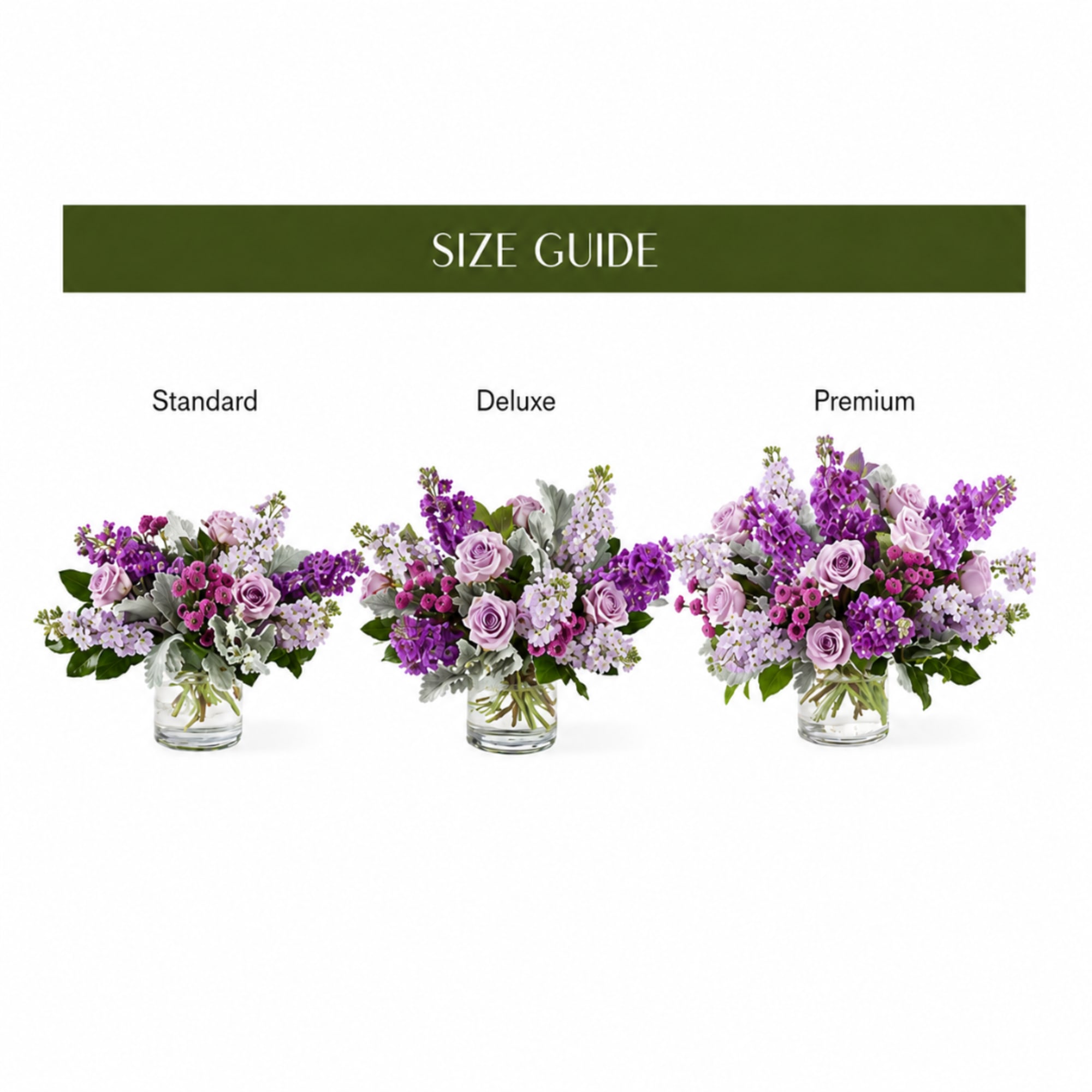 Three purple and pink floral arrangements in glass vases with size labels
