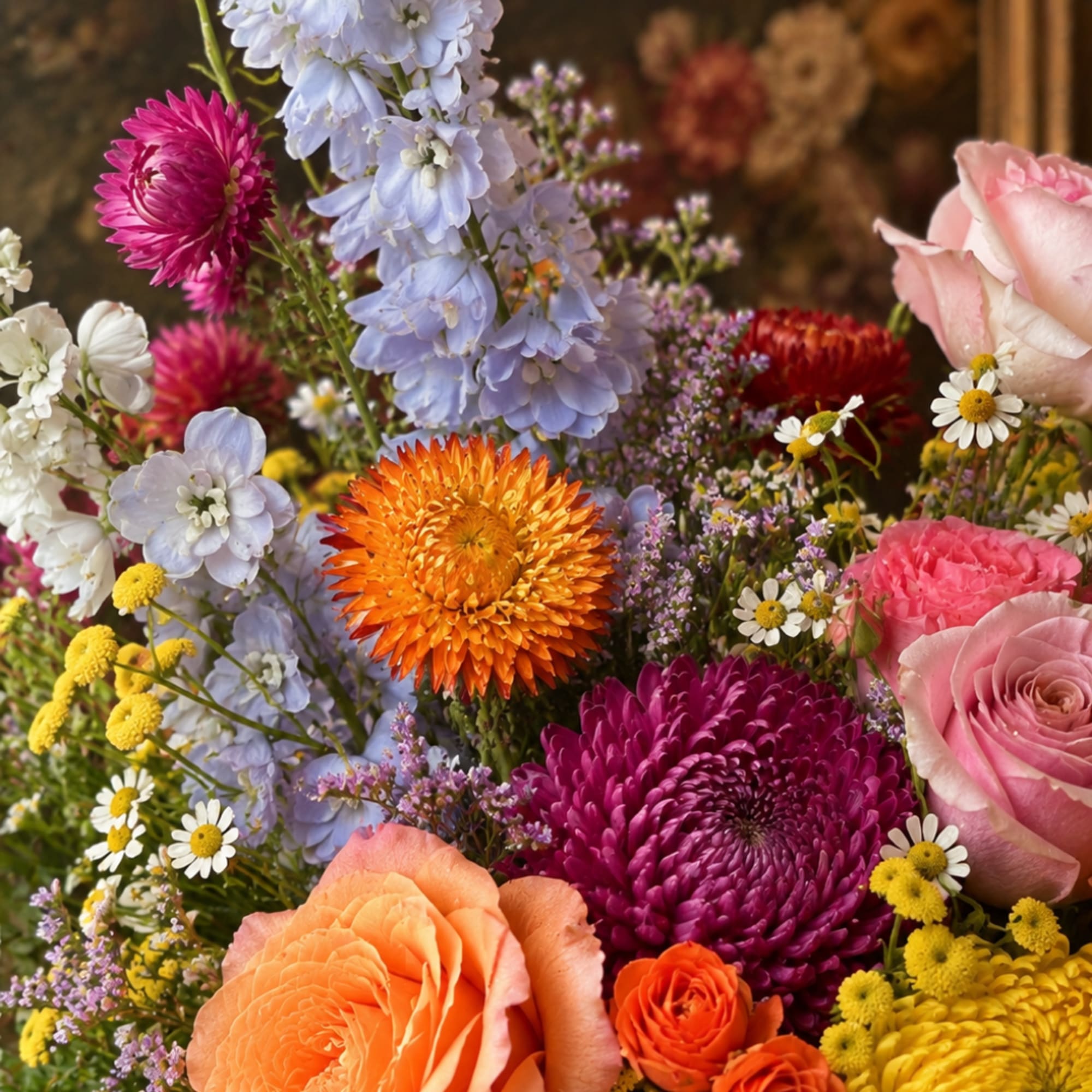 Mixed bouquet with pink roses, orange blooms, and lavender flowers