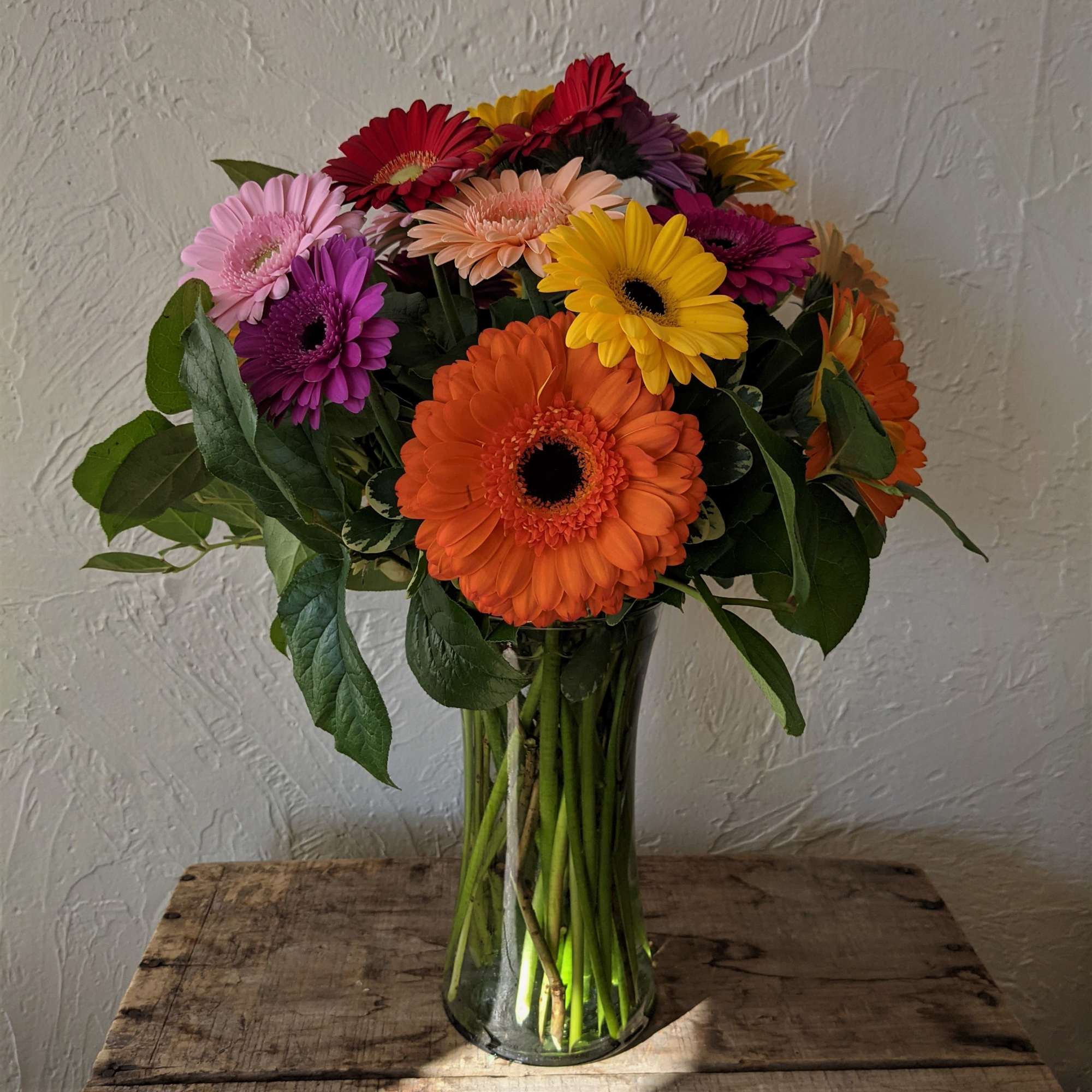 Tall clear vase of mixed-color gerbera daisies in orange, yellow, pink, and purple tones