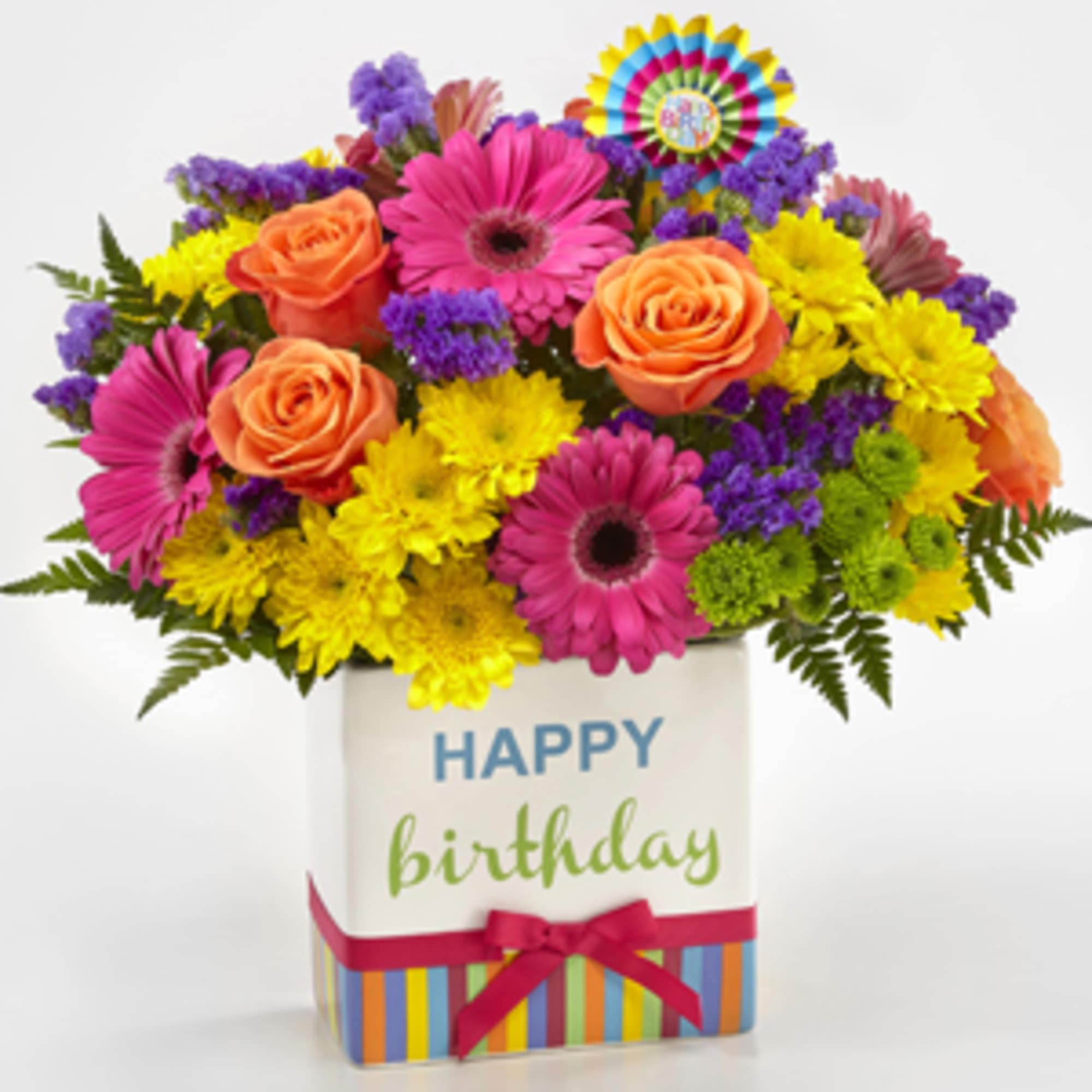 Birthday bouquet with roses, gerbera daisies, and chrysanthemums in a gift box