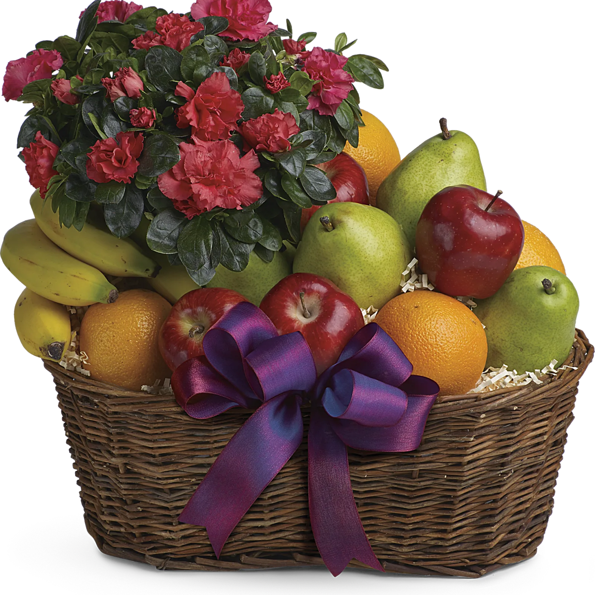 Fruit meets flowers in this delicious arrangement! Brightened by a potted azalea