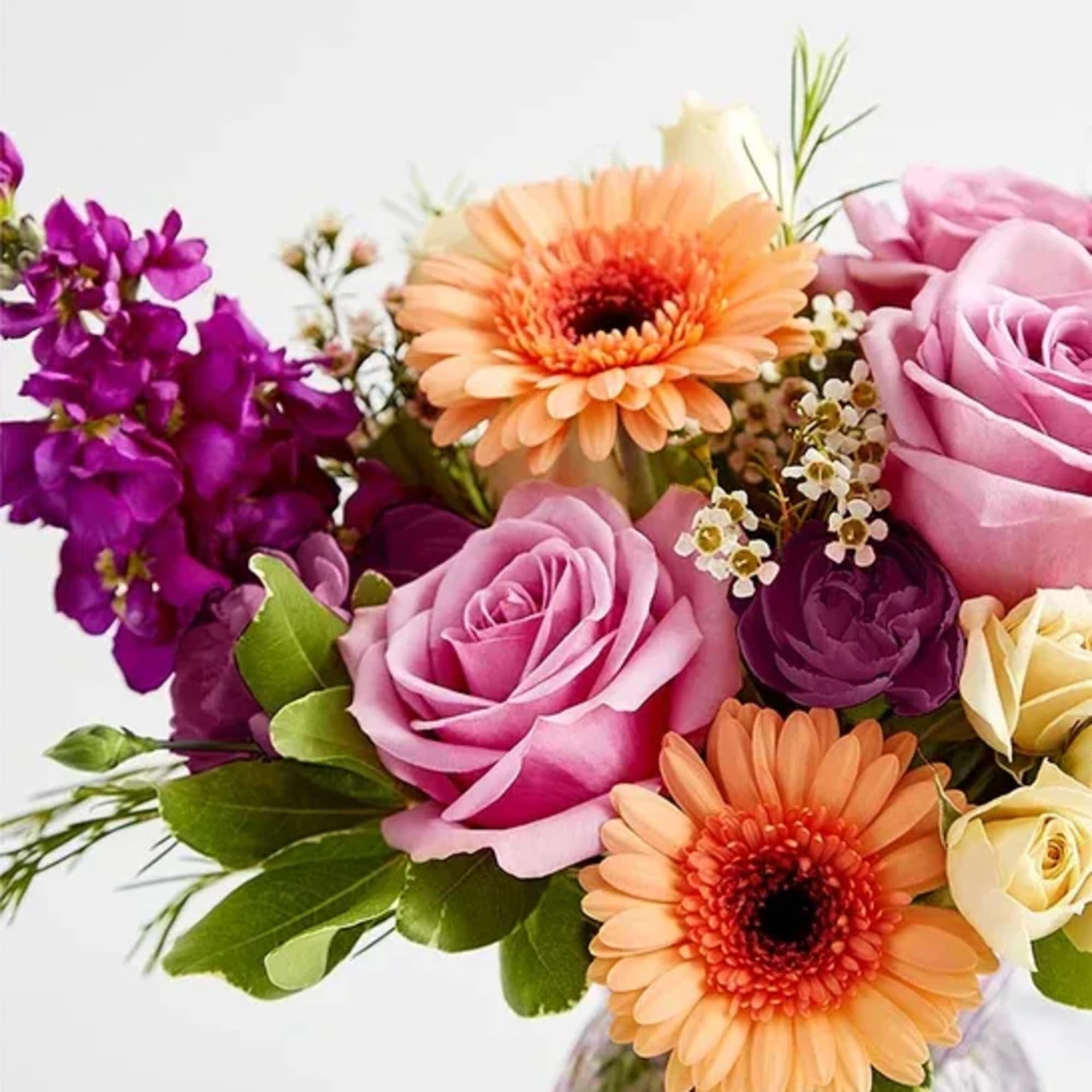 Colorful bouquet with pink roses, orange gerbera daisies, and purple flowers