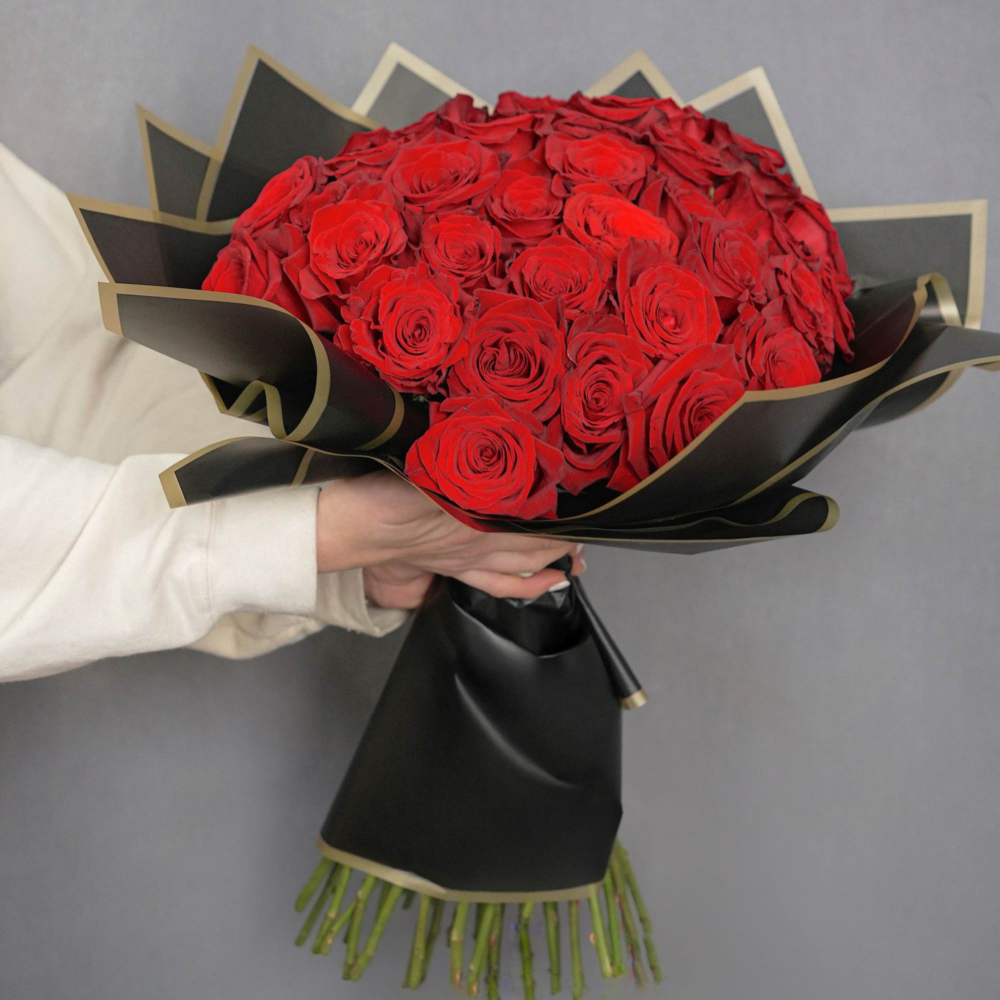 Bold and luxurious buch&oacute;n-style bouquet featuring 35 premium red roses, imported from, photo 3 of 3