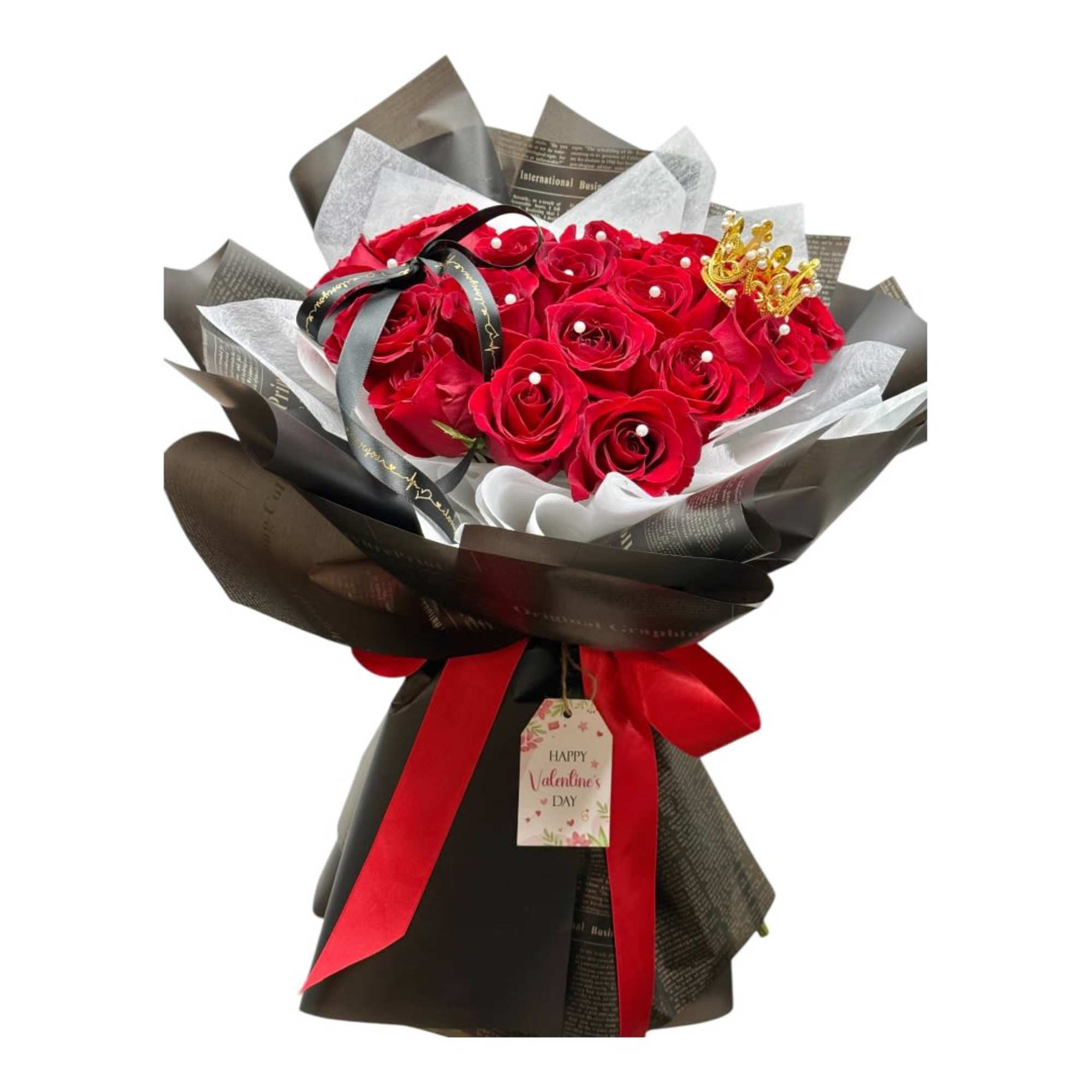 Bouquet of red roses wrapped in black paper with a red ribbon