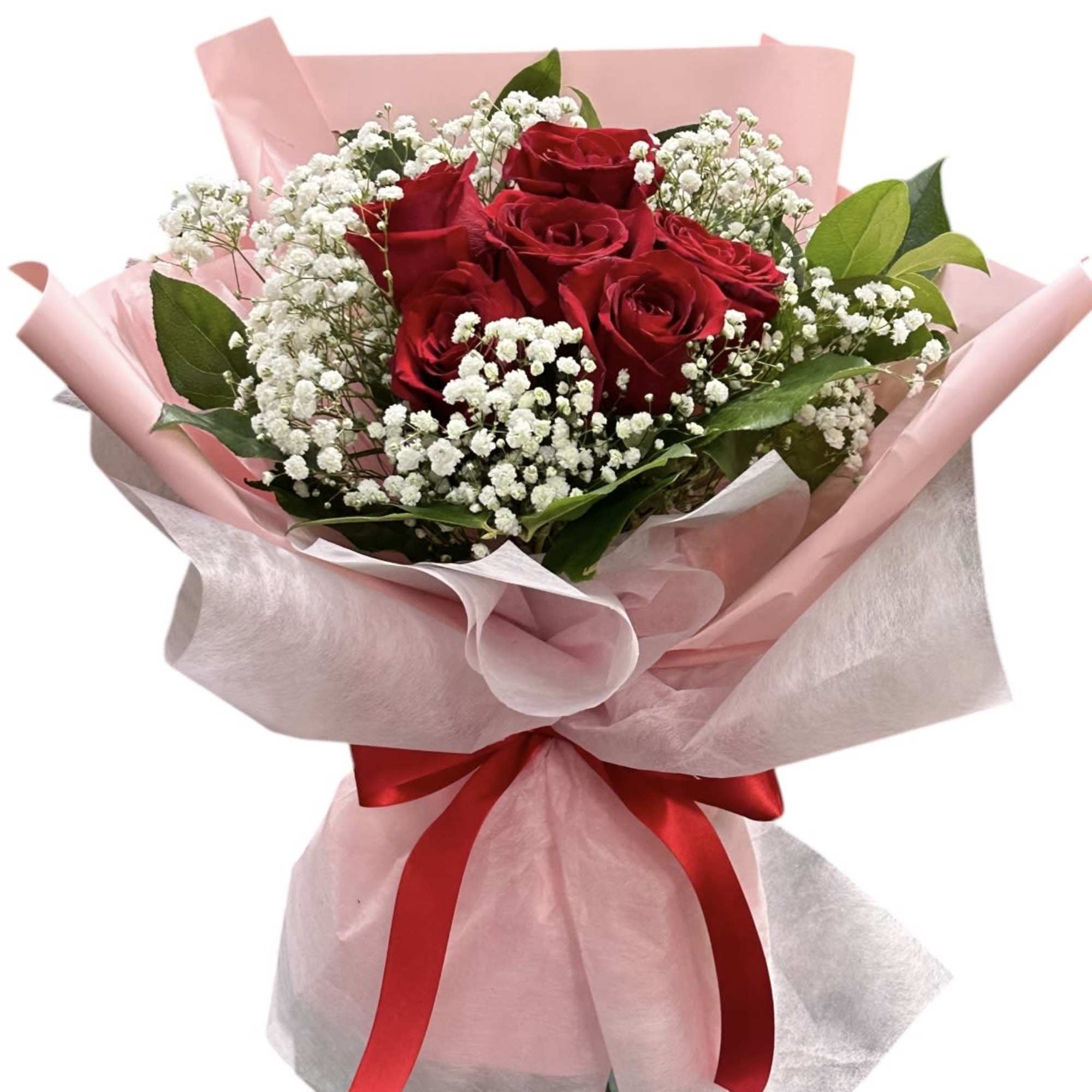 Red roses with baby's breath in pink wrapping and a red ribbon