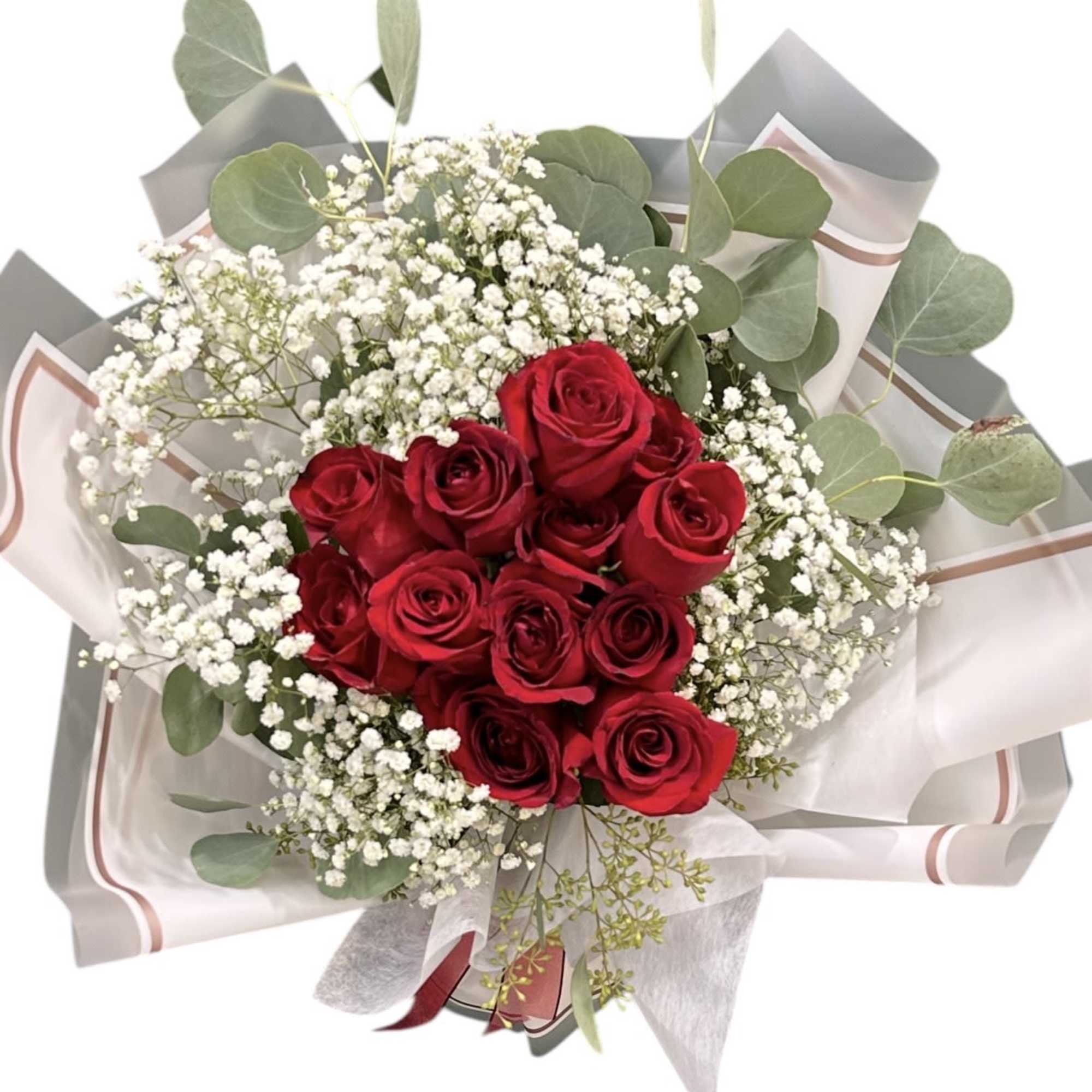 Bouquet of red roses with white baby's breath and eucalyptus