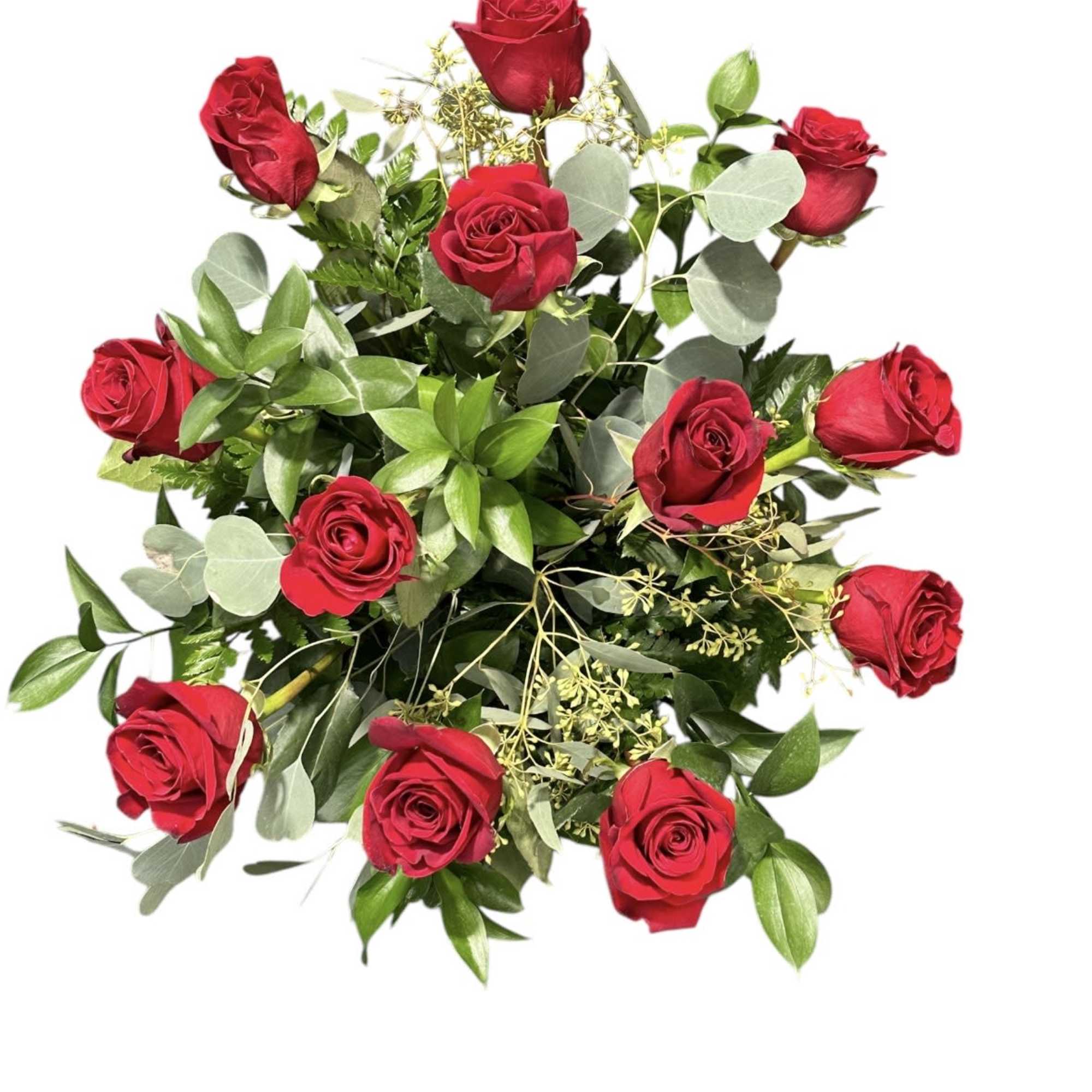 Bouquet of red roses with mixed greenery on a white background