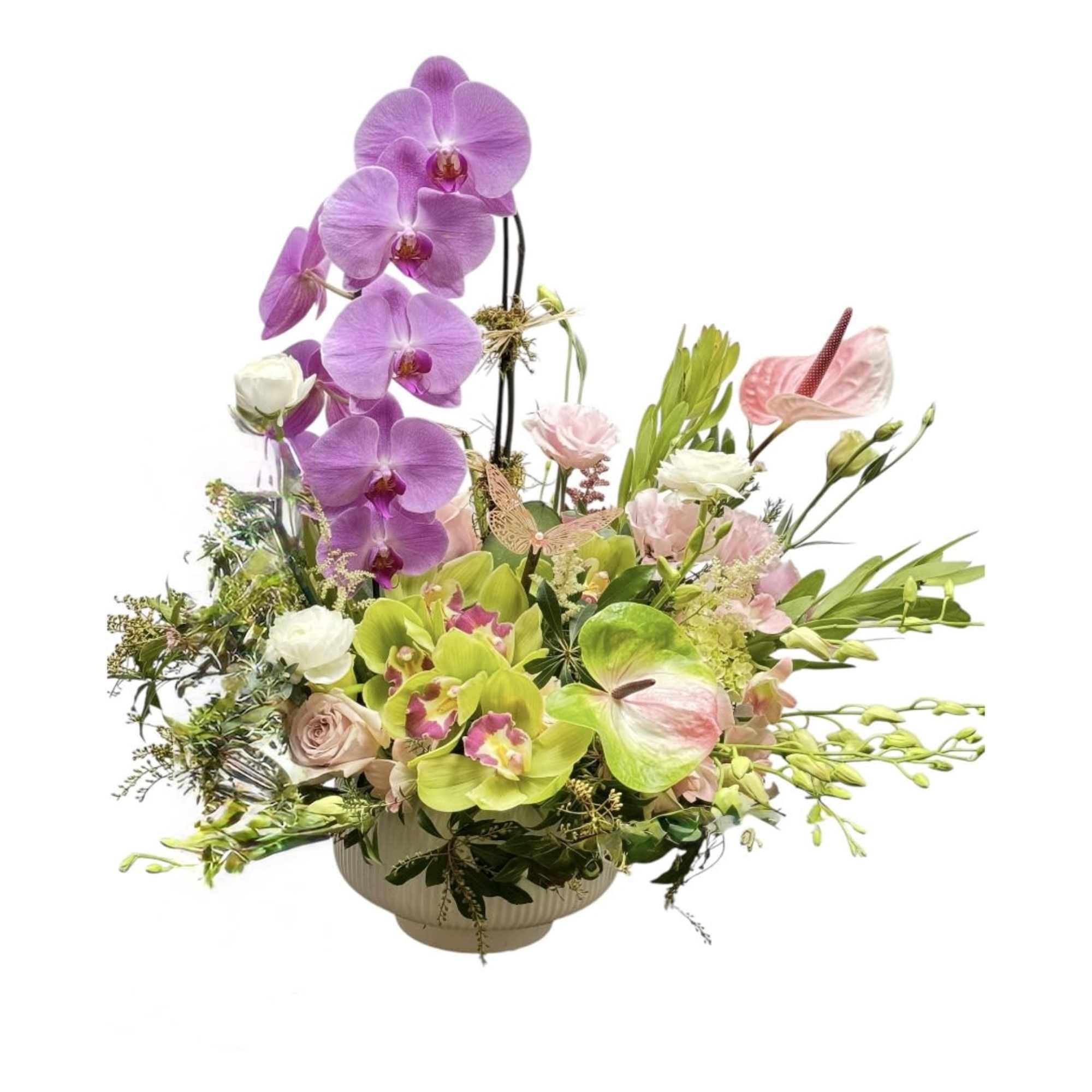 Anthurium. Phalaenopsis orchid. Roses. Cymbidium. Dendrobium. All of orchids 