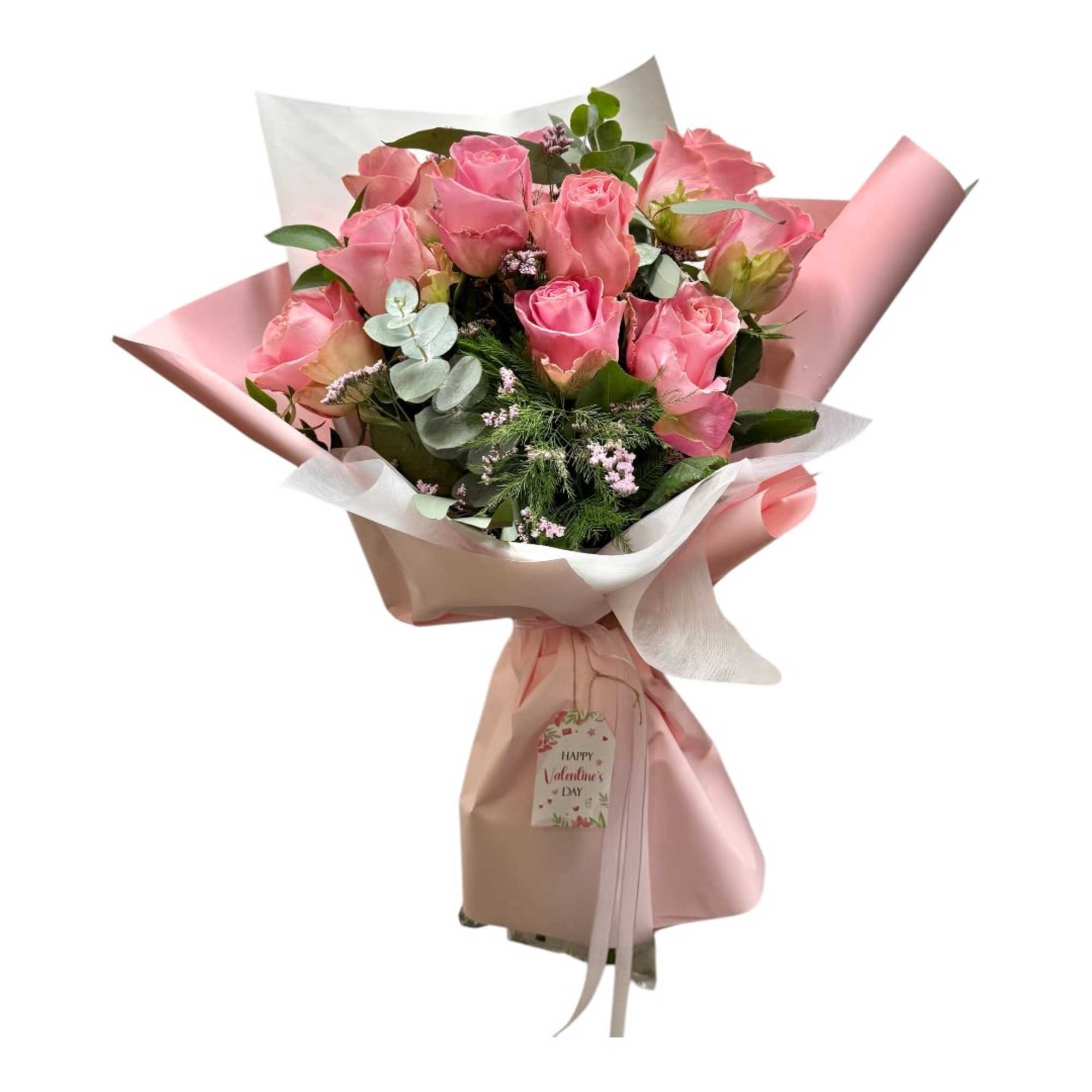 Bouquet of pink roses wrapped in pink and white paper