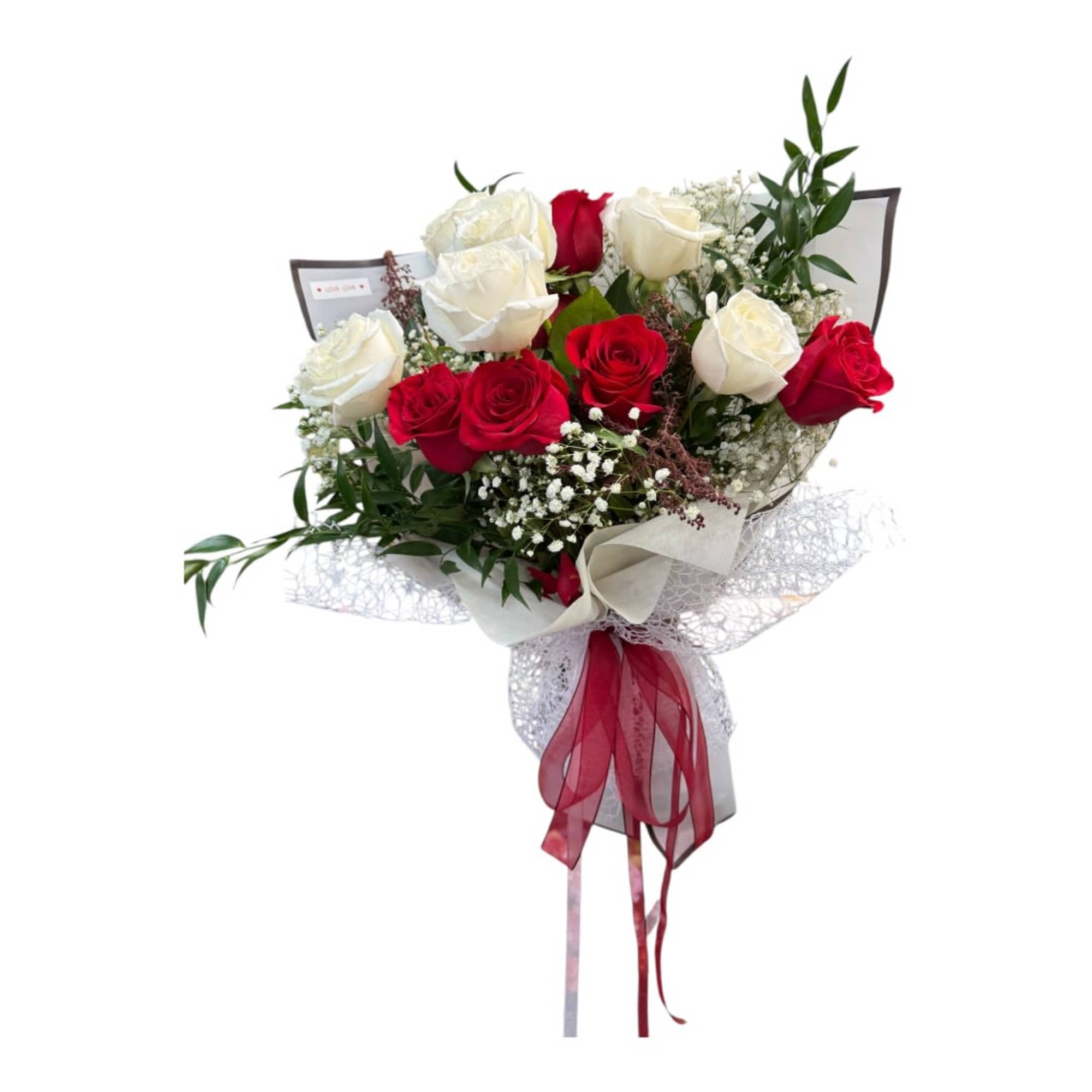 Red &amp; white roses . Baby
Breath