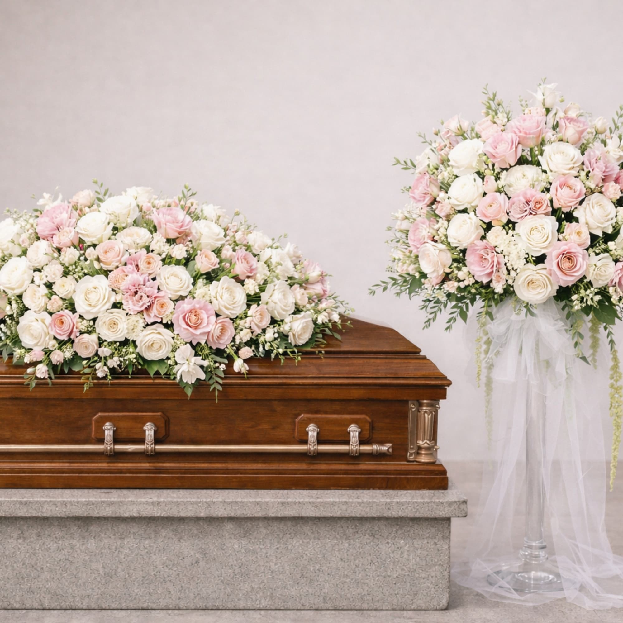 Pink and white rose casket spray with matching standing arrangement beside a wooden casket