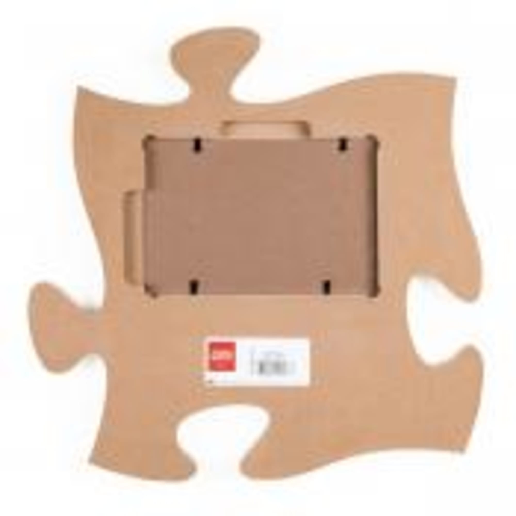 Puzzle-piece shaped cardboard photo frame with a central opening