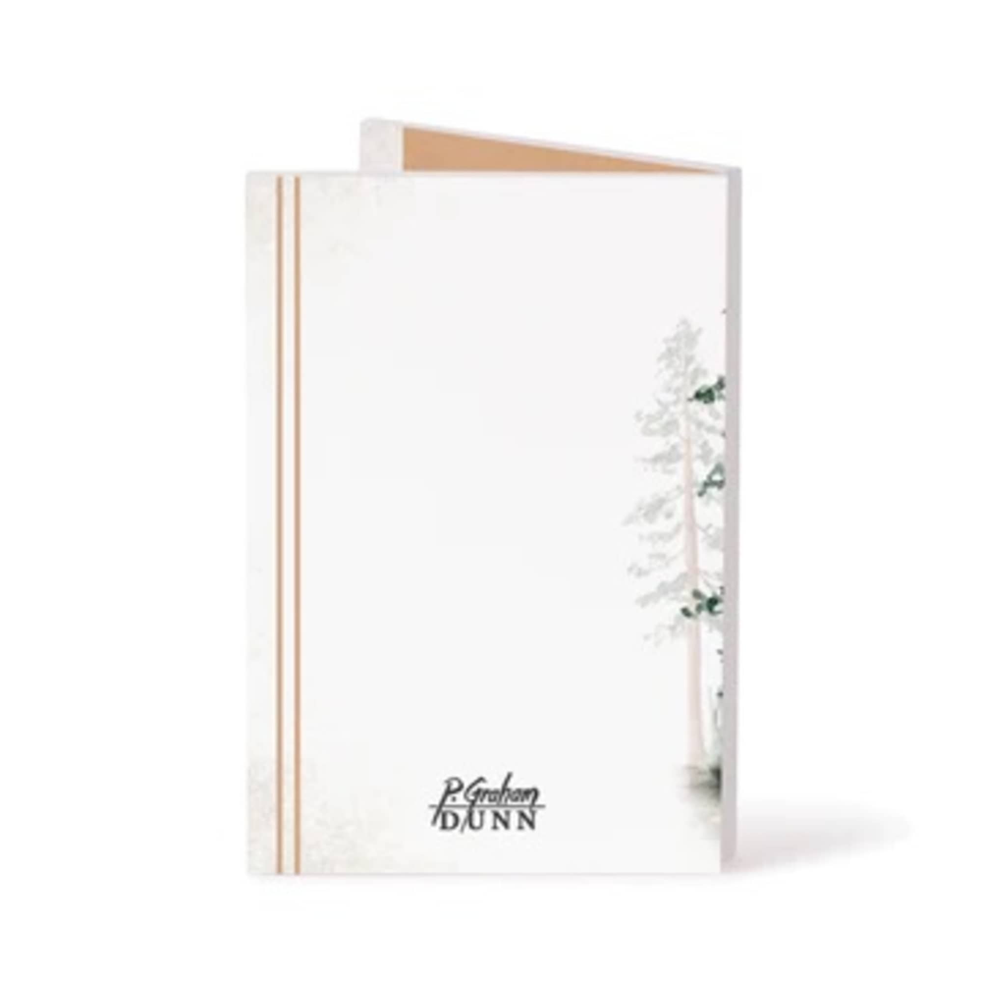 White greeting card with gold stripes and a tree illustration