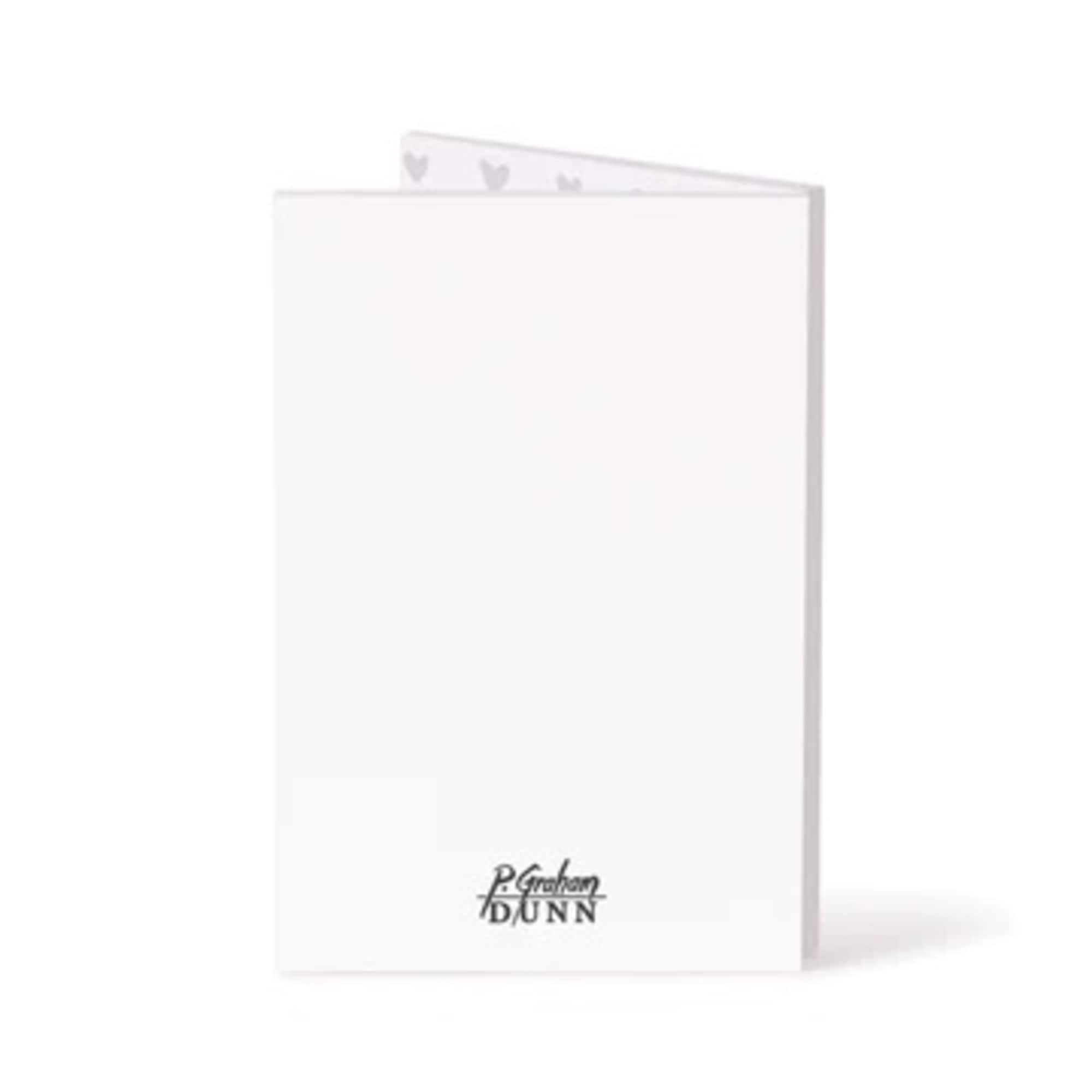 White greeting card with a small logo at the bottom