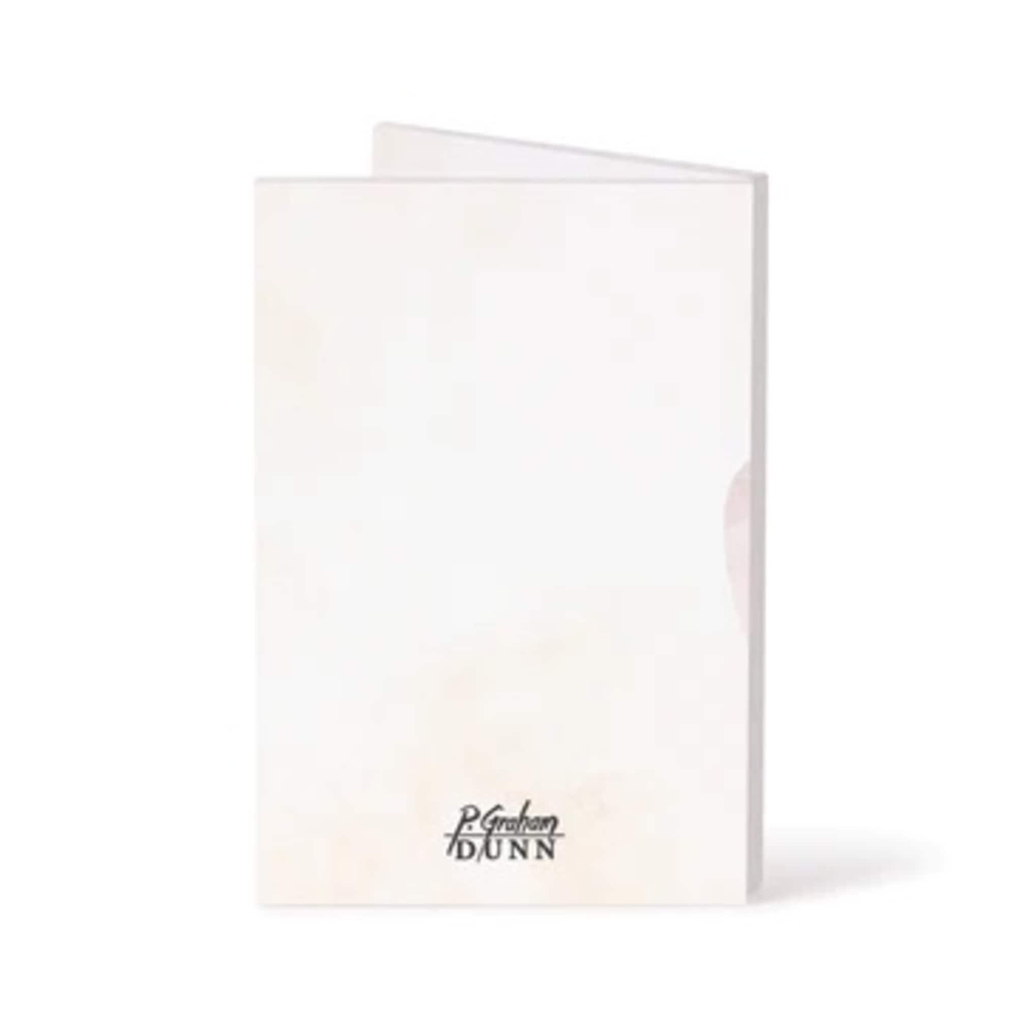 White folded greeting card with a small logo at the bottom