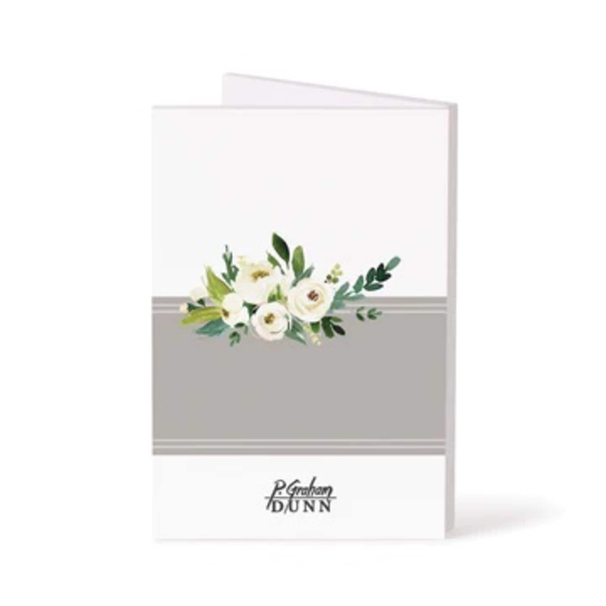 White floral sympathy card with green accents and a gray band
