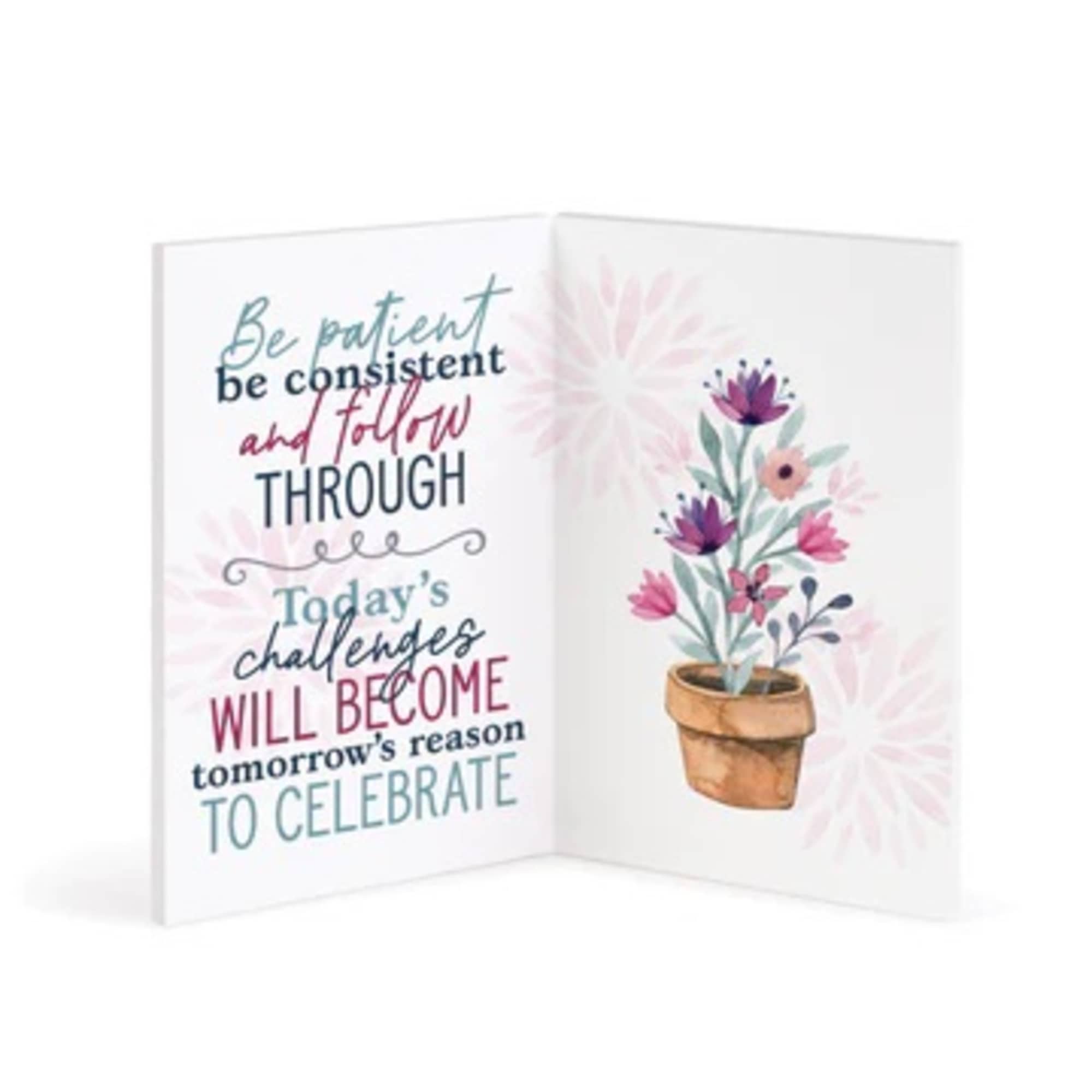 Greeting card with a potted flower illustration and motivational text