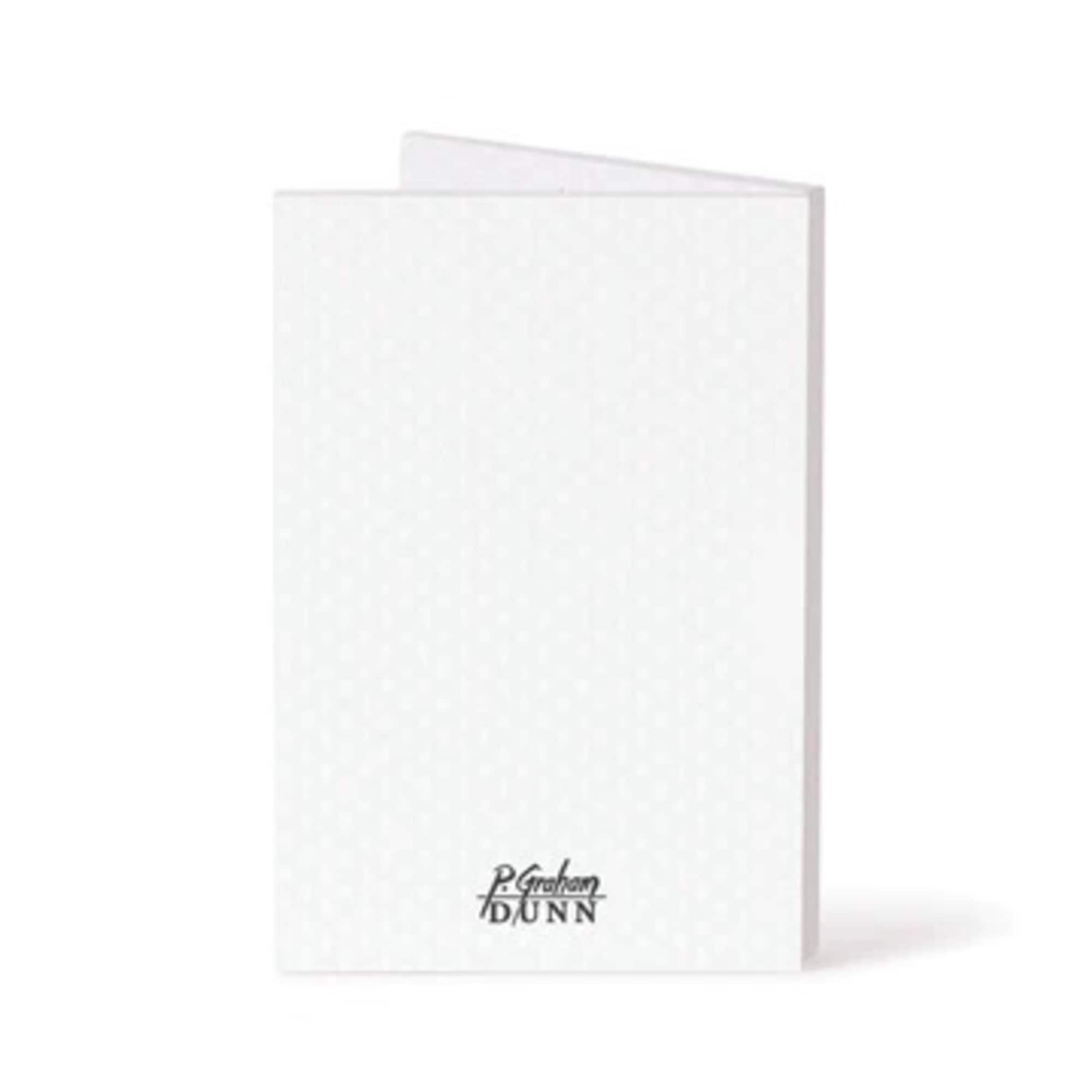 White folded greeting card with a small logo at the bottom