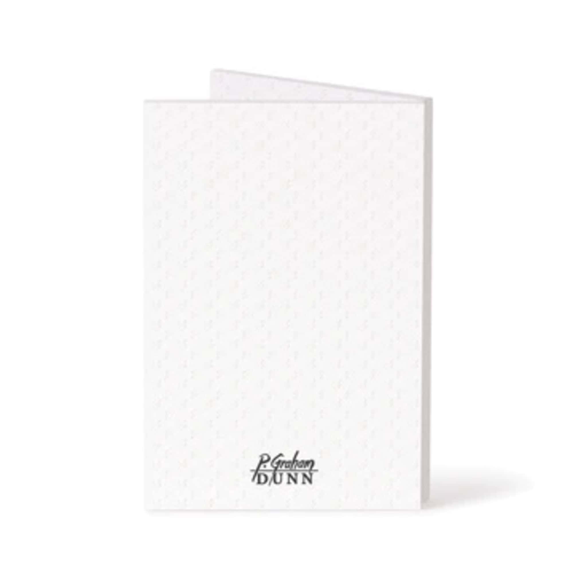 White folded greeting card with a small logo at the bottom