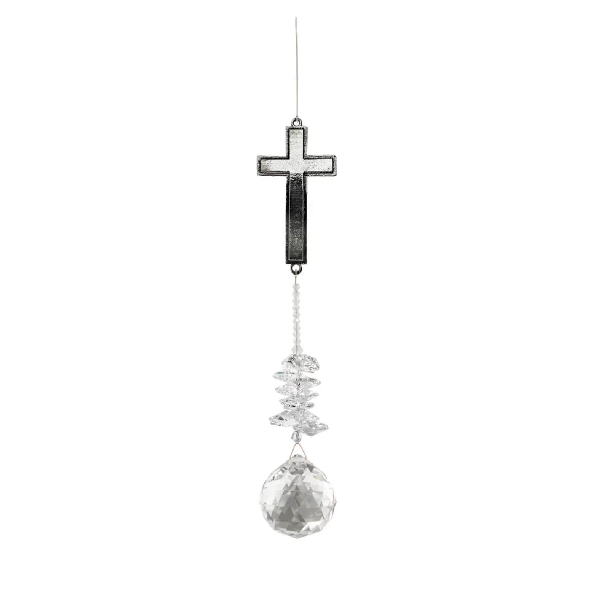 Hanging metal cross ornament with clear crystal beads and a faceted crystal ball