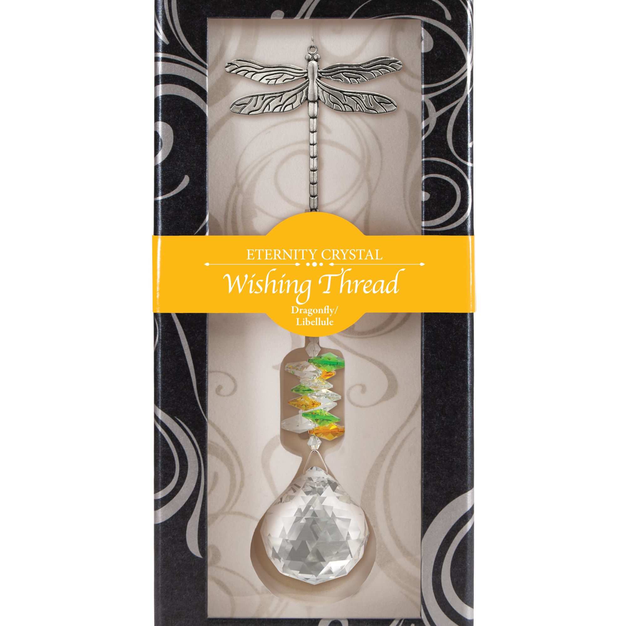 Boxed dragonfly crystal hanging ornament with faceted drop and colorful beads