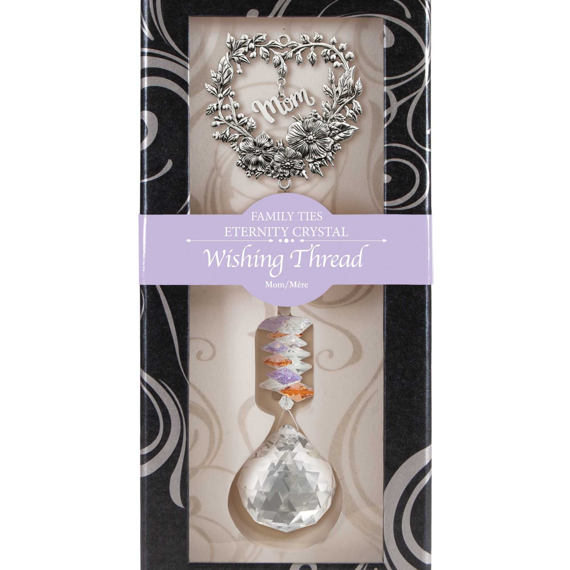 Boxed 'Mom' eternity crystal ornament with silver floral heart frame and faceted hanging crystal drop