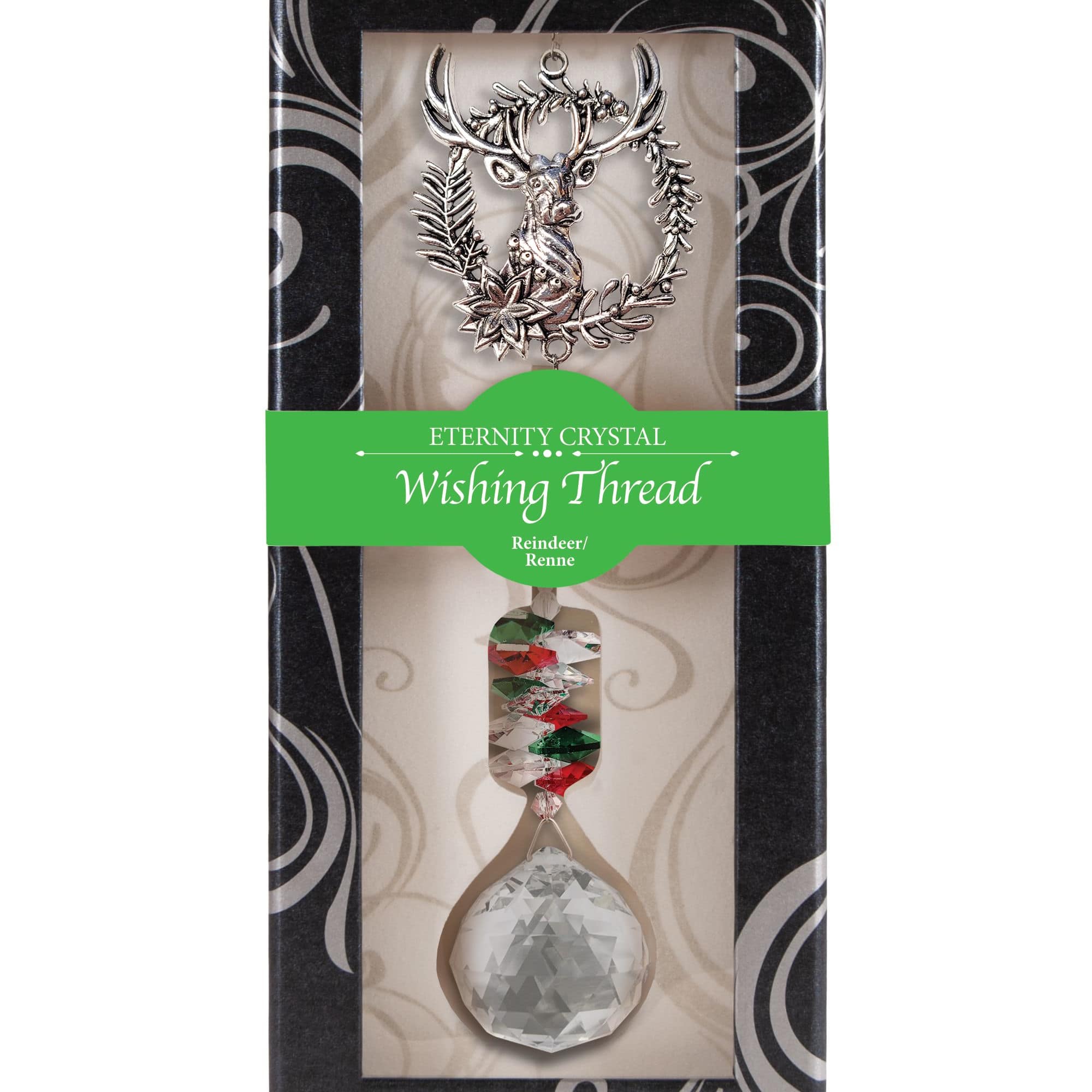 Boxed reindeer crystal wishing thread ornament with faceted drop and decorative black and silver packaging.