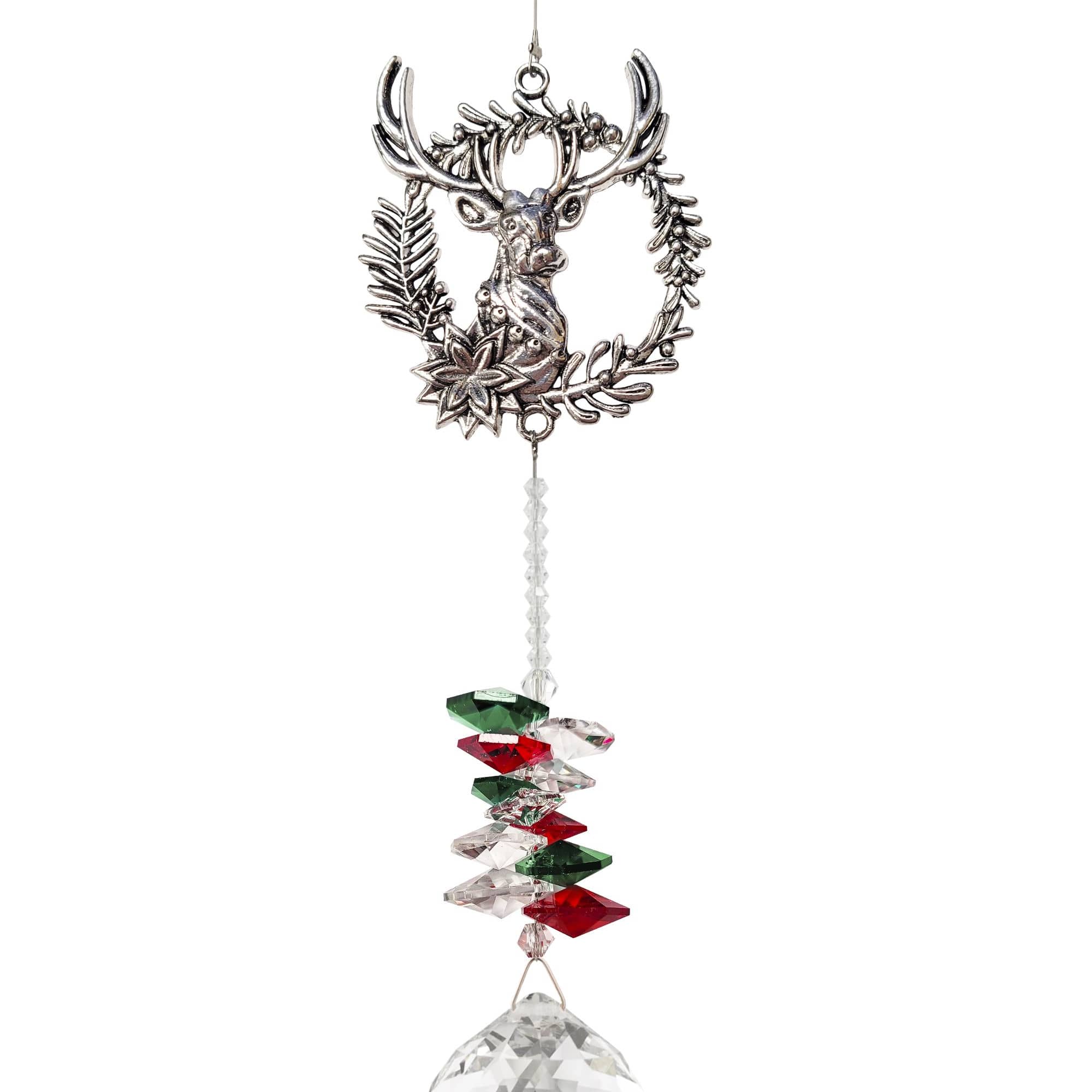 Hanging silver deer ornament with red, green, and clear crystals and a faceted crystal ball
