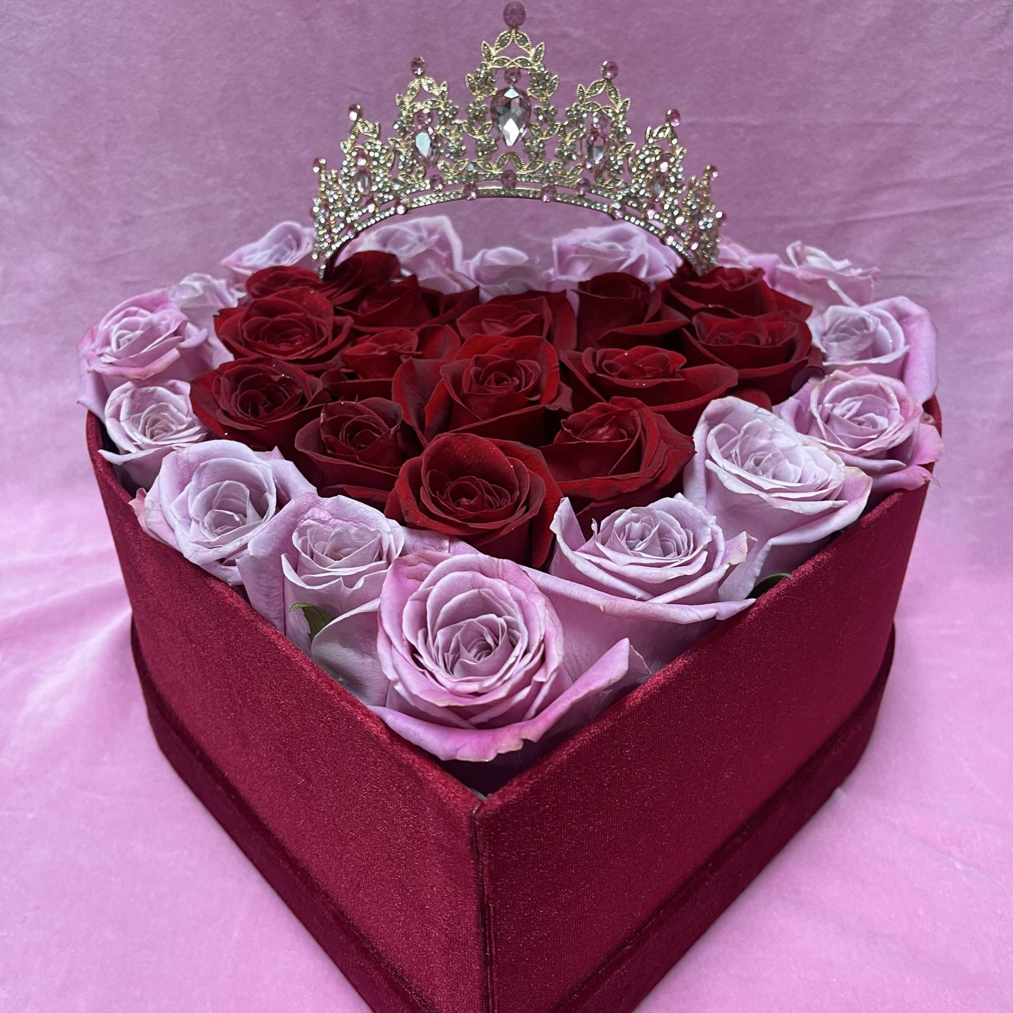 ROSES WITH PETALS LIKE VELVET, IN A RED VELVET HEART-SHAPED BOX, THE