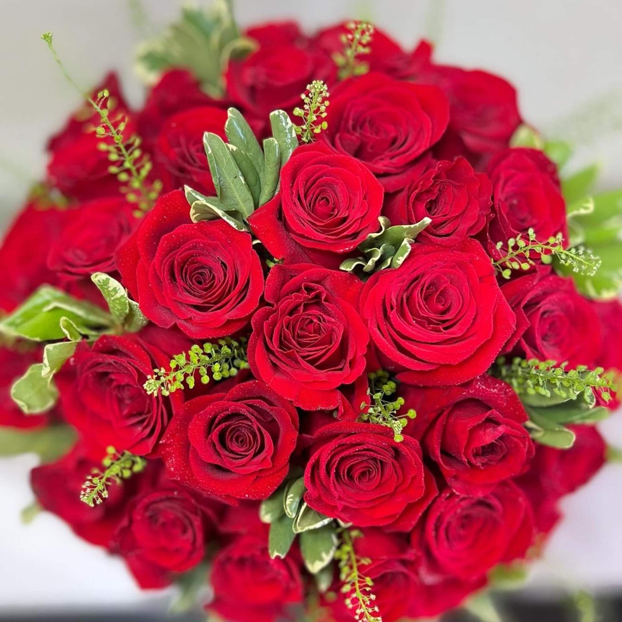 Bouquet of red roses with green filler