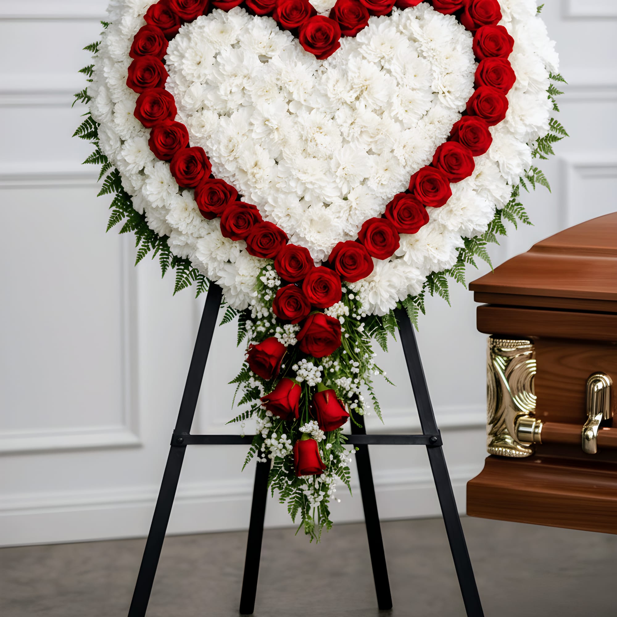 Heart-shaped red rose and white chrysanthemum funeral spray on an easel