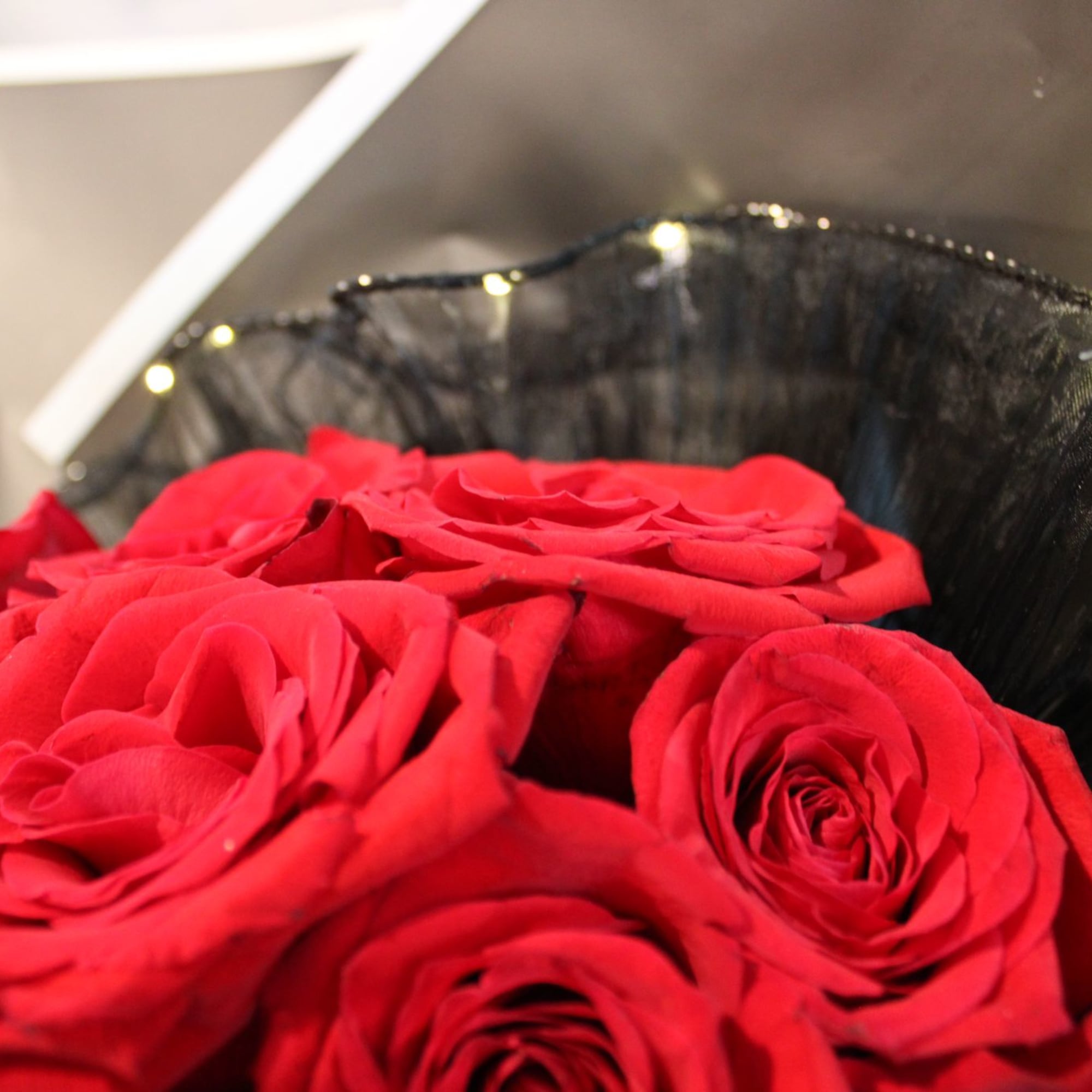 Close-up bouquet of red roses wrapped in black mesh