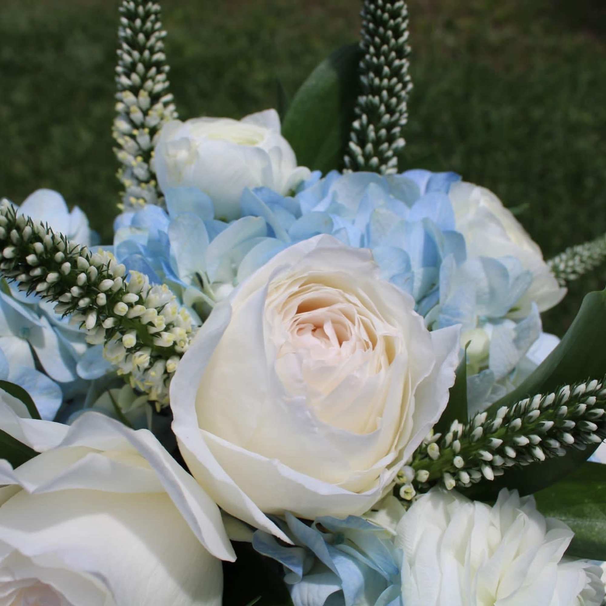 Bouquet of white and pale blue flowers with tall white spikes