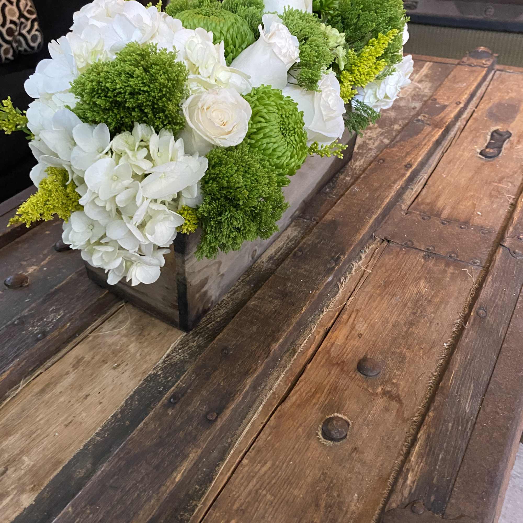 White and green floral arrangement in a rectangular wooden box, photo 2 of 2