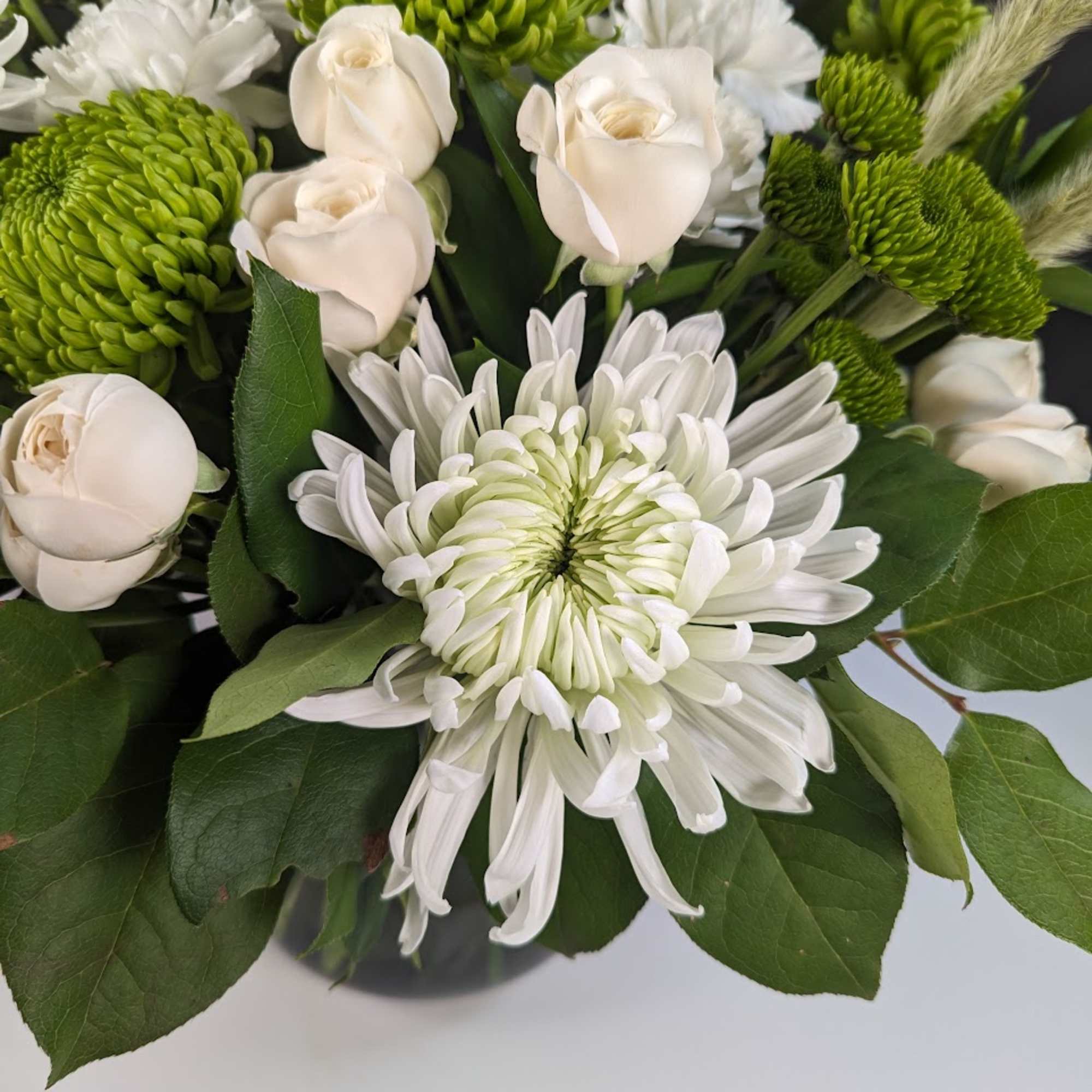 White and green chrysanthemum bouquet with cream roses