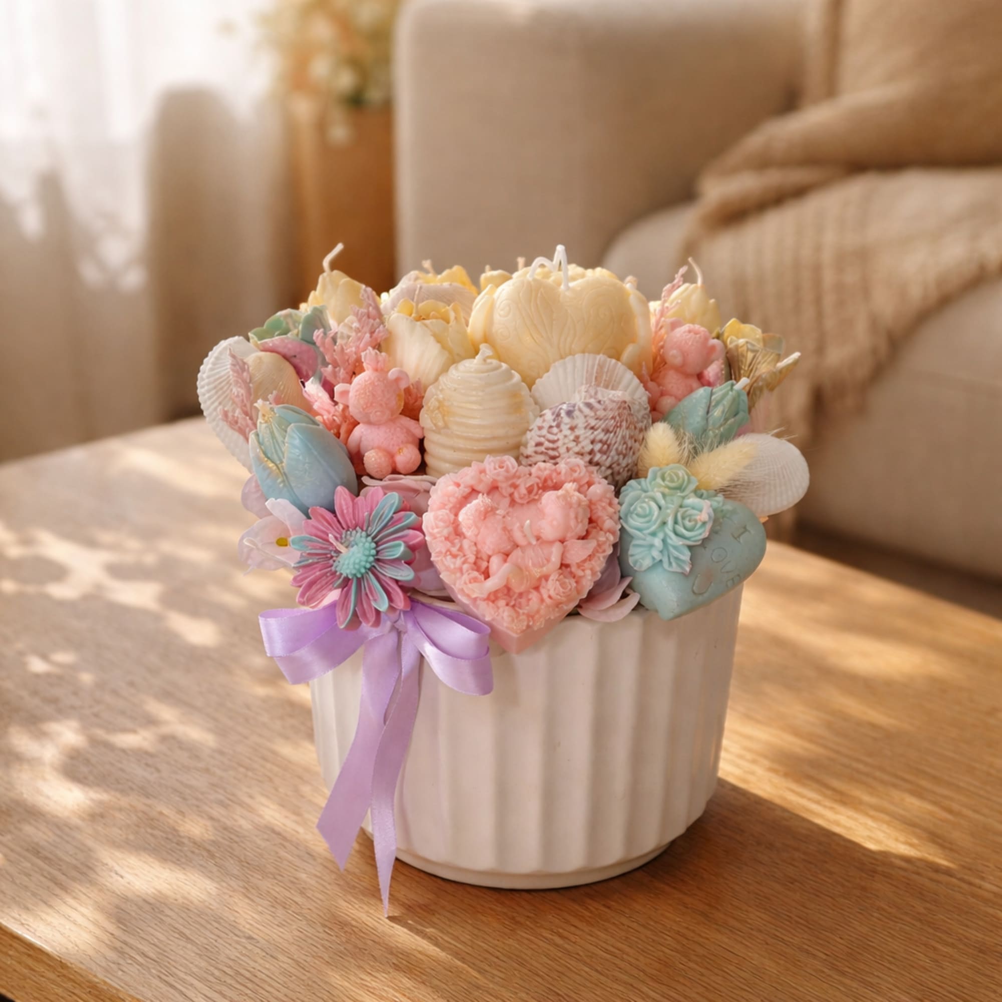 A handcrafted luxury candle arrangement designed to look like a blooming pastel, photo 3 of 3