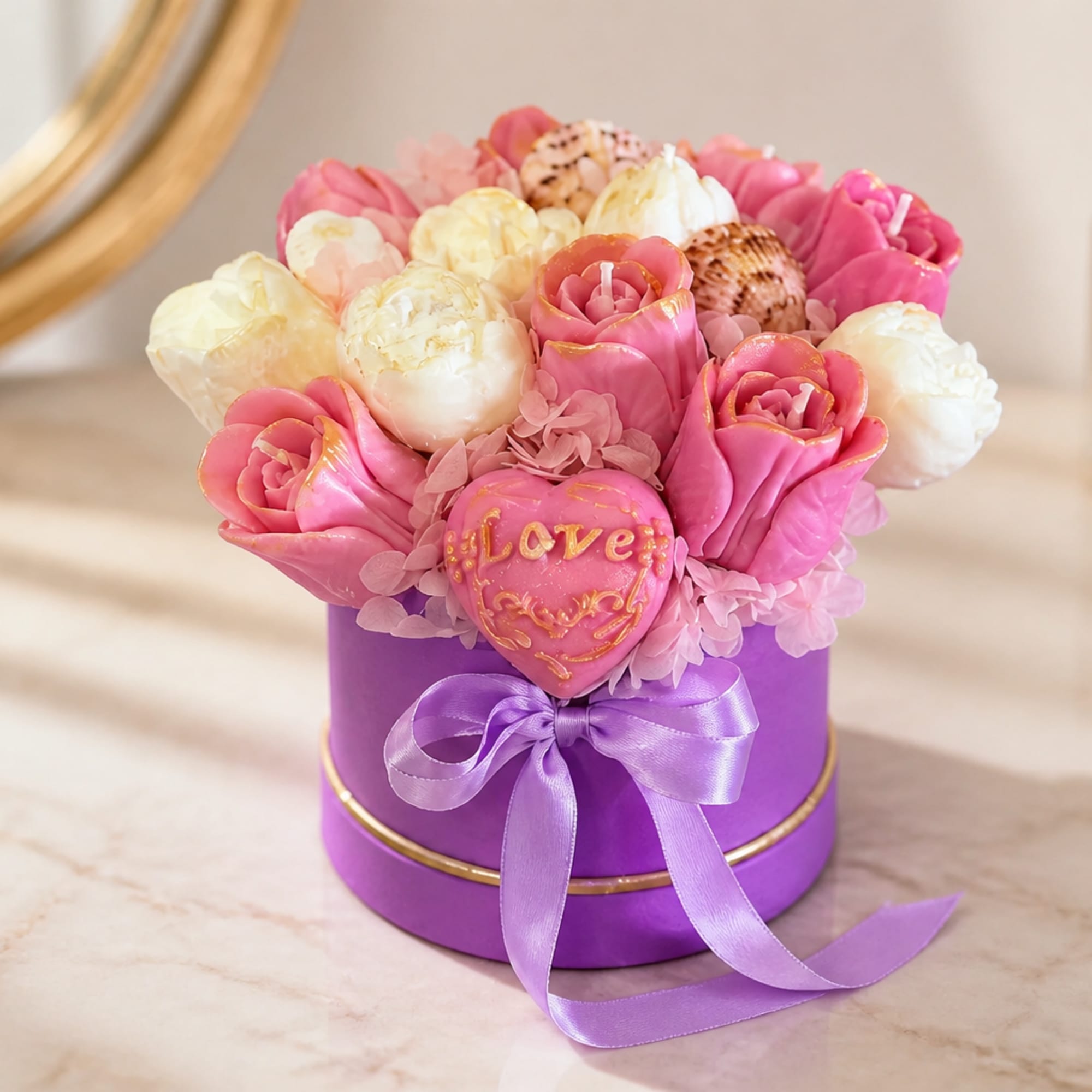 Soft pink and white flower-shaped candles formed into a rounded bouquet give, photo 2 of 3
