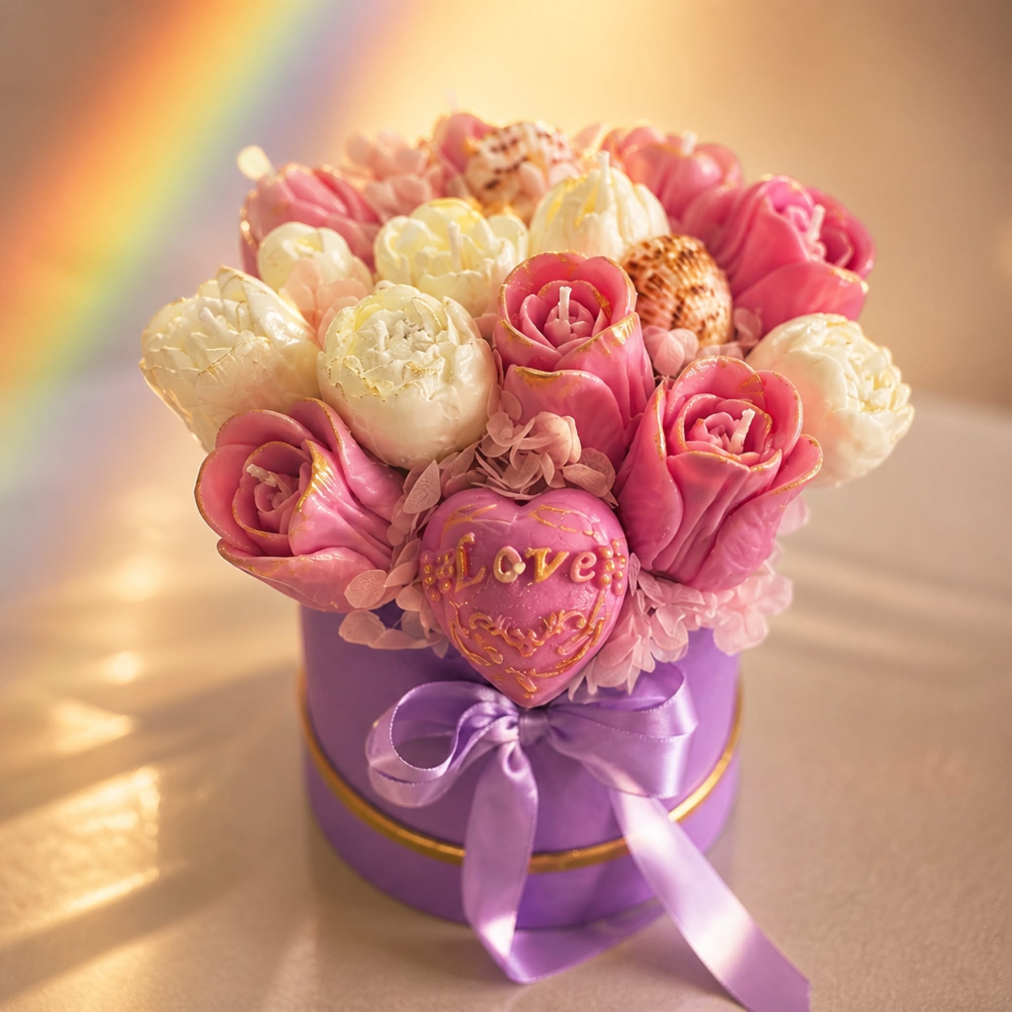 Soft pink and white flower-shaped candles formed into a rounded bouquet give, photo 3 of 3