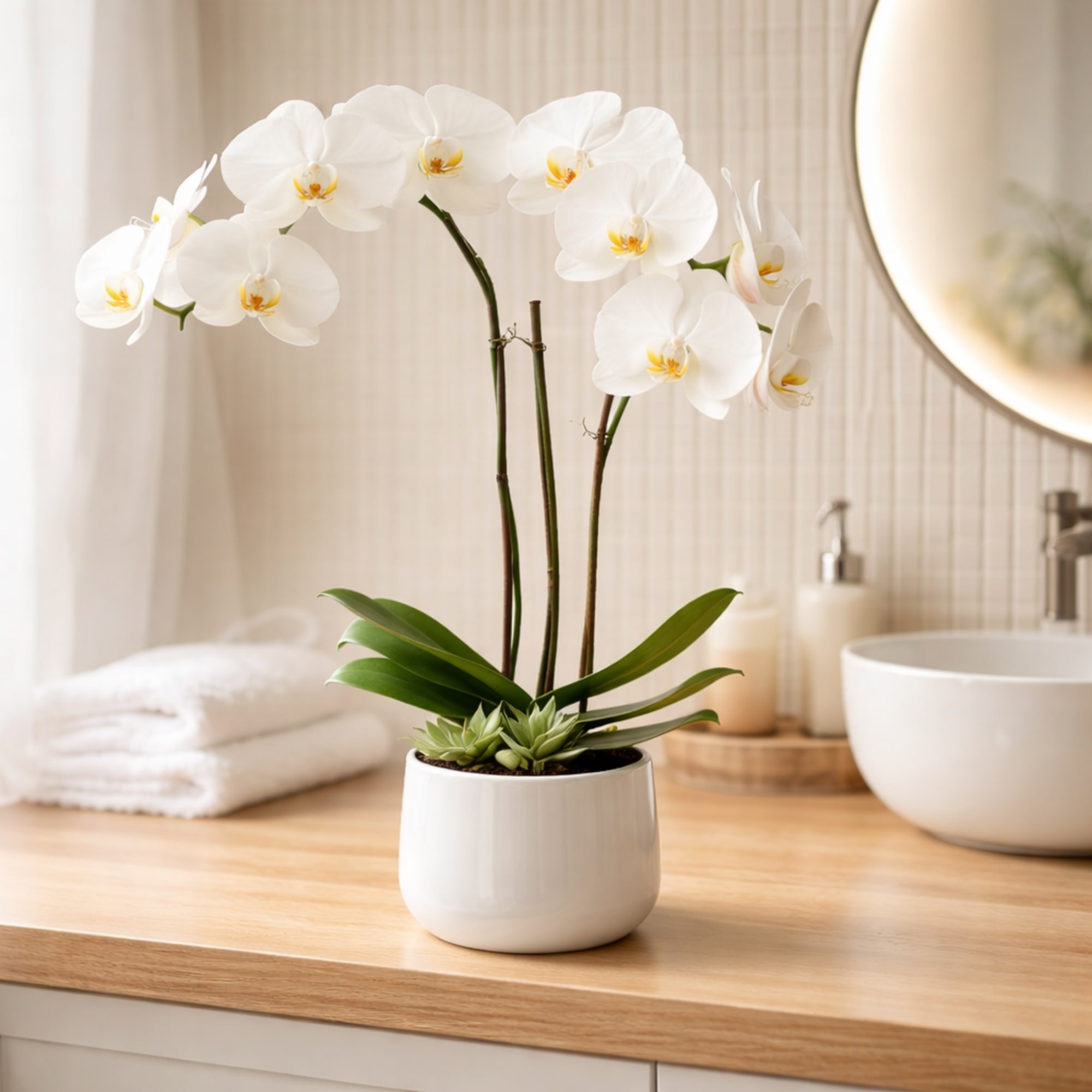White phalaenopsis orchids arch gracefully on slender stems above glossy green leaves, photo 2 of 3