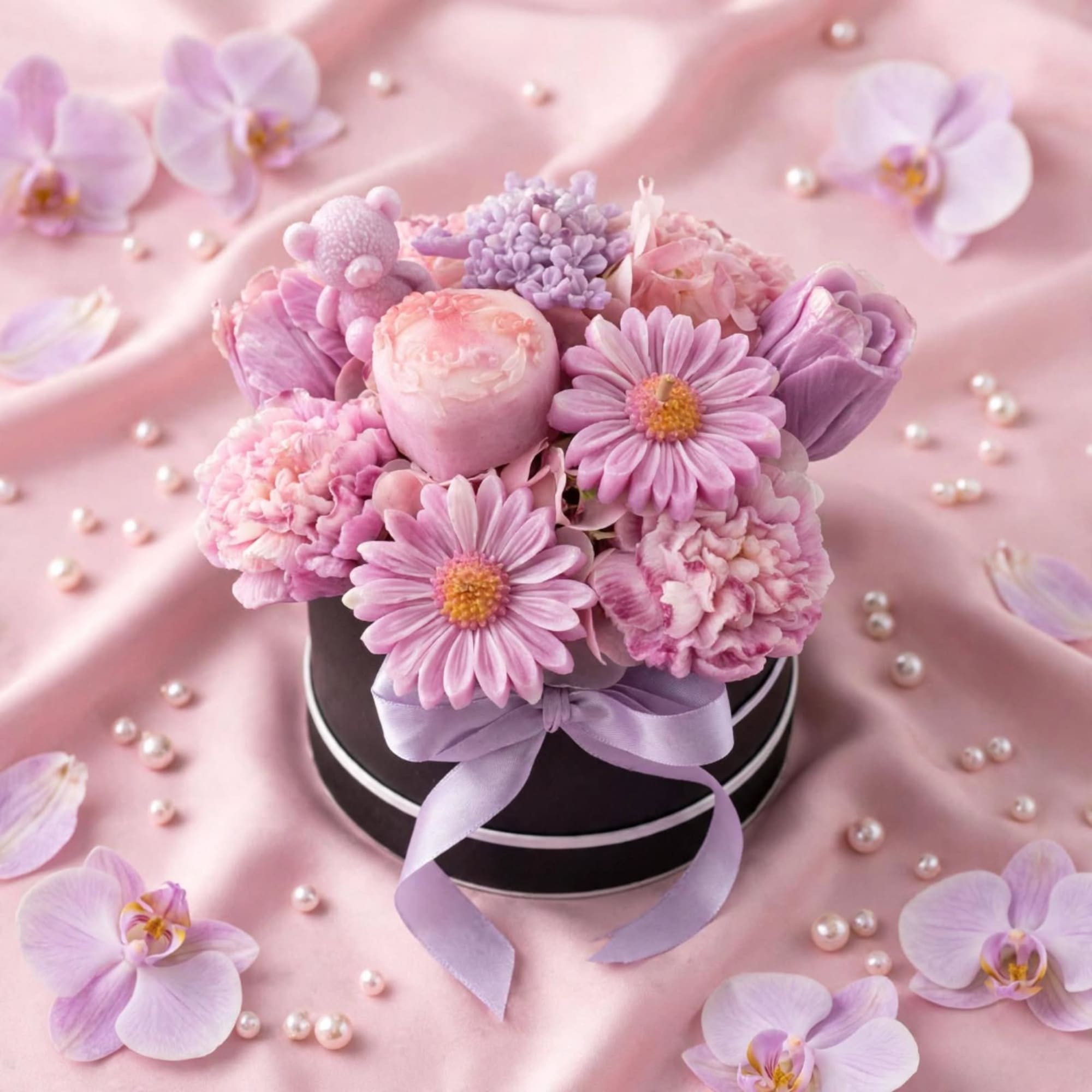 Pink and lavender flower arrangement in a black round box with a ribbon