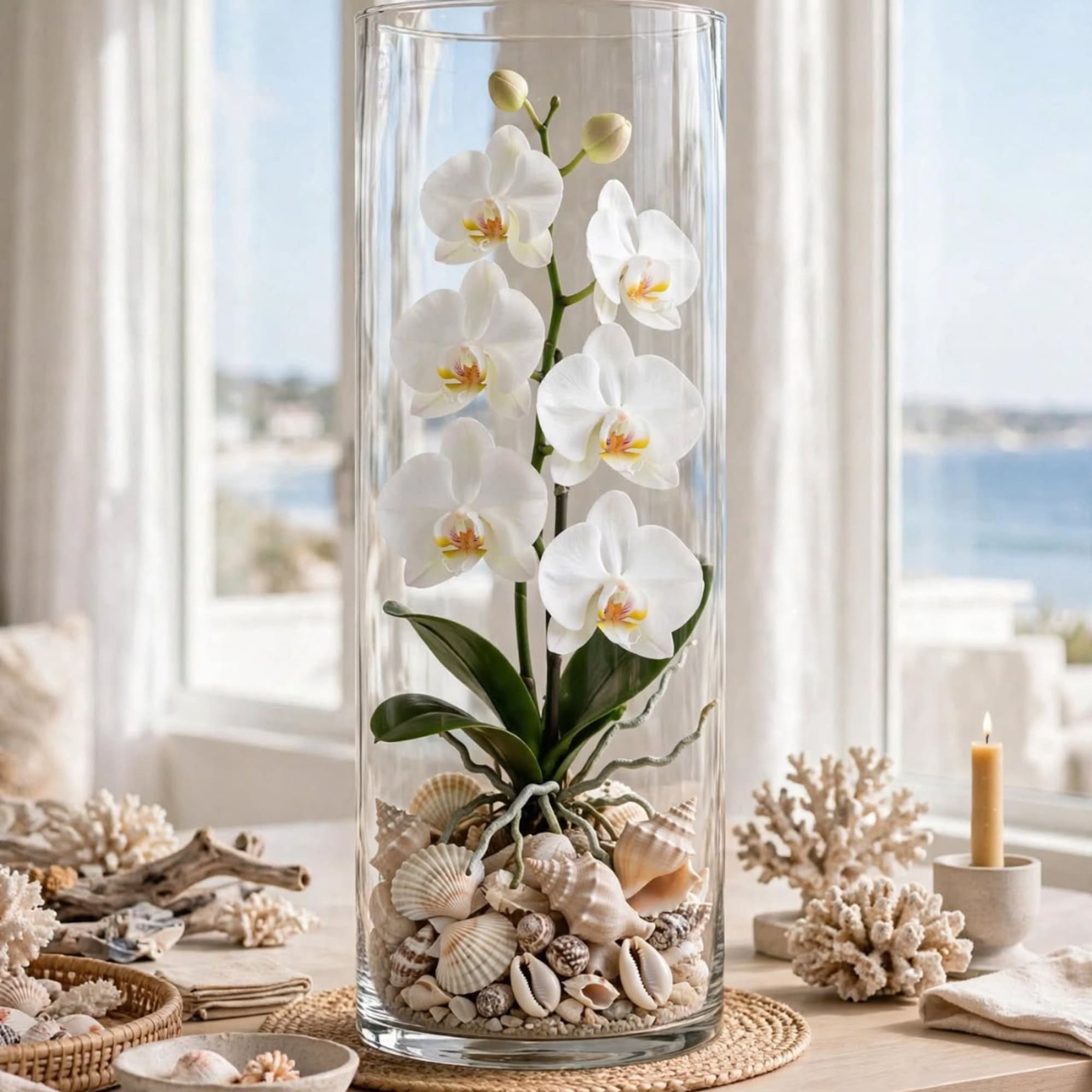 White orchid in a tall glass cylinder with seashells at the base