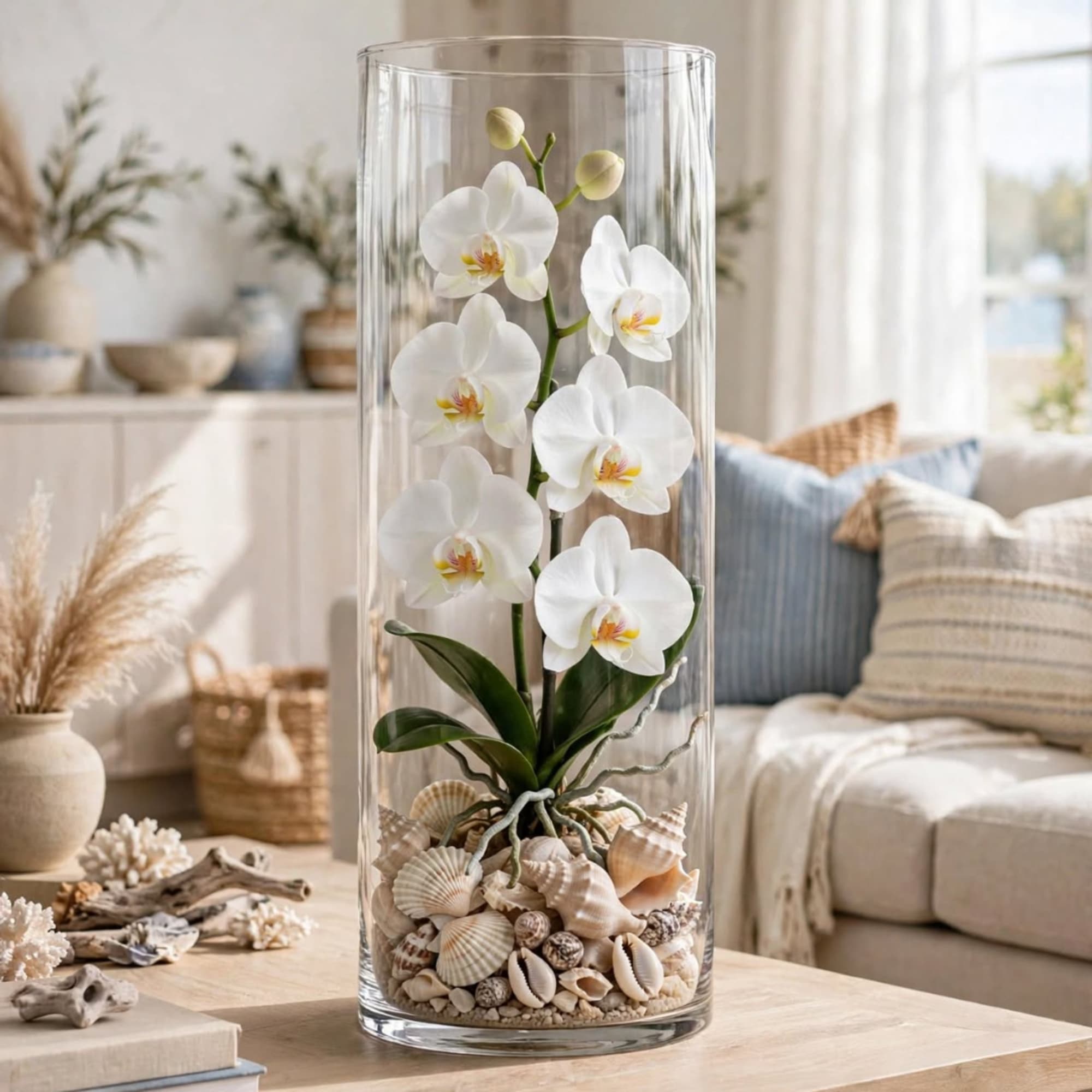 White orchid in a tall glass vase filled with seashells, photo 4 of 10