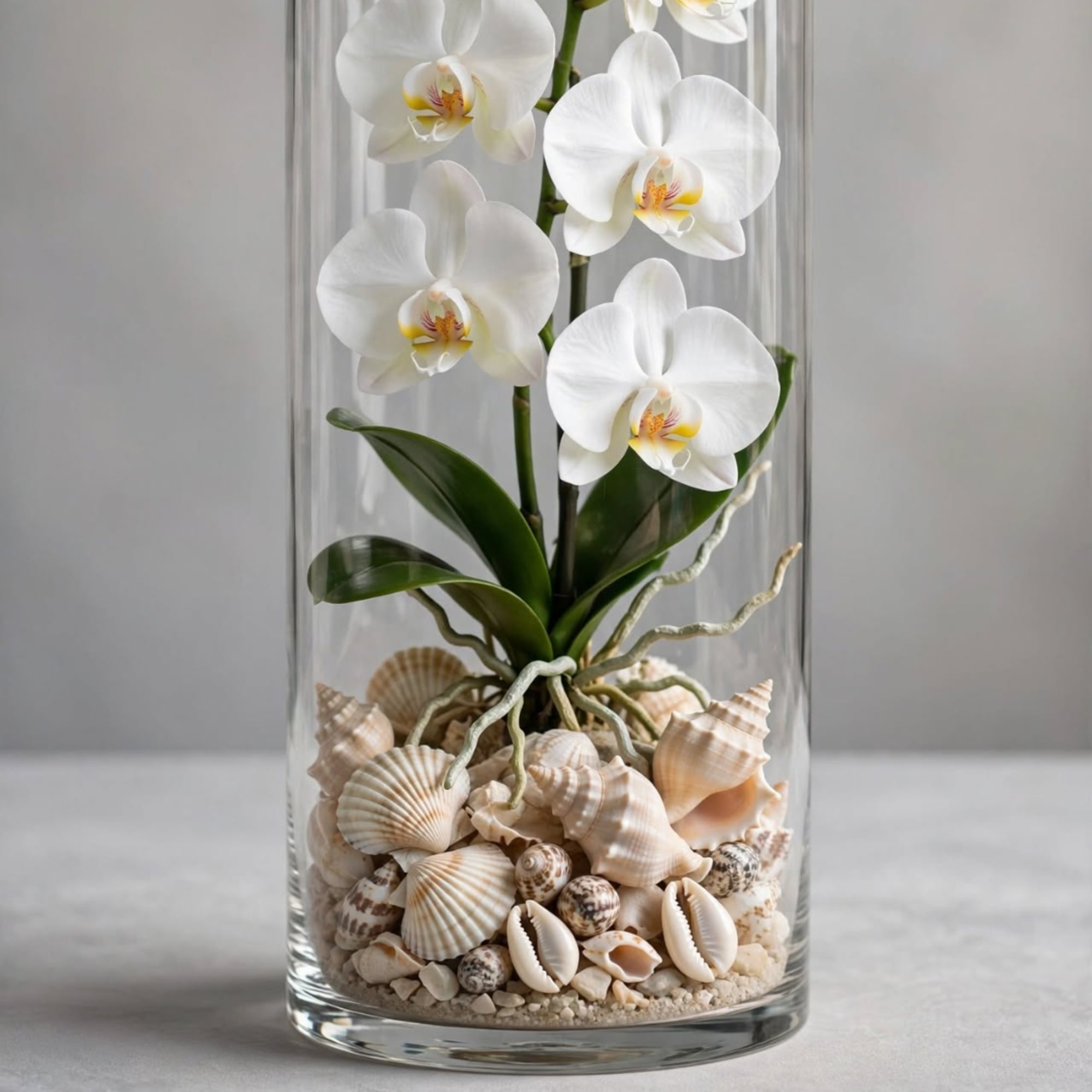 White orchid in a glass cylinder filled with seashells