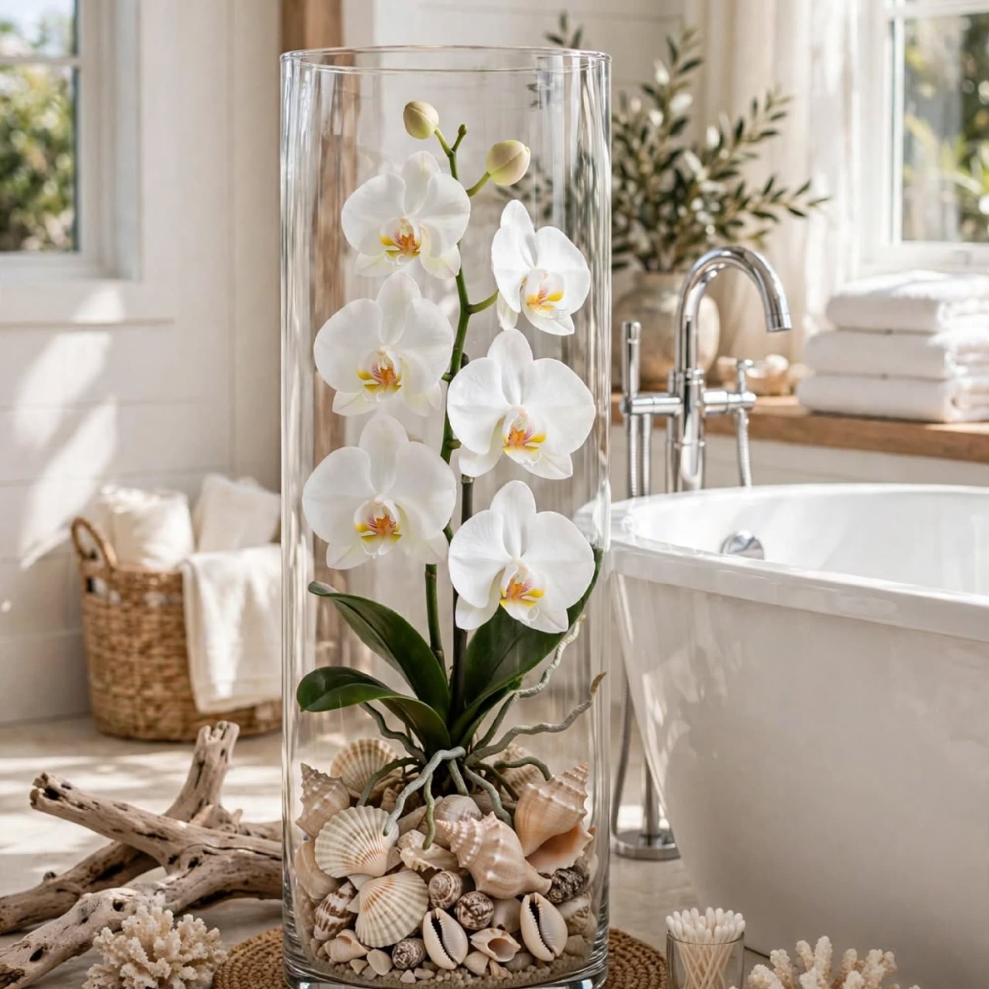 White orchid in a tall glass vase with seashells at the base, photo 9 of 10
