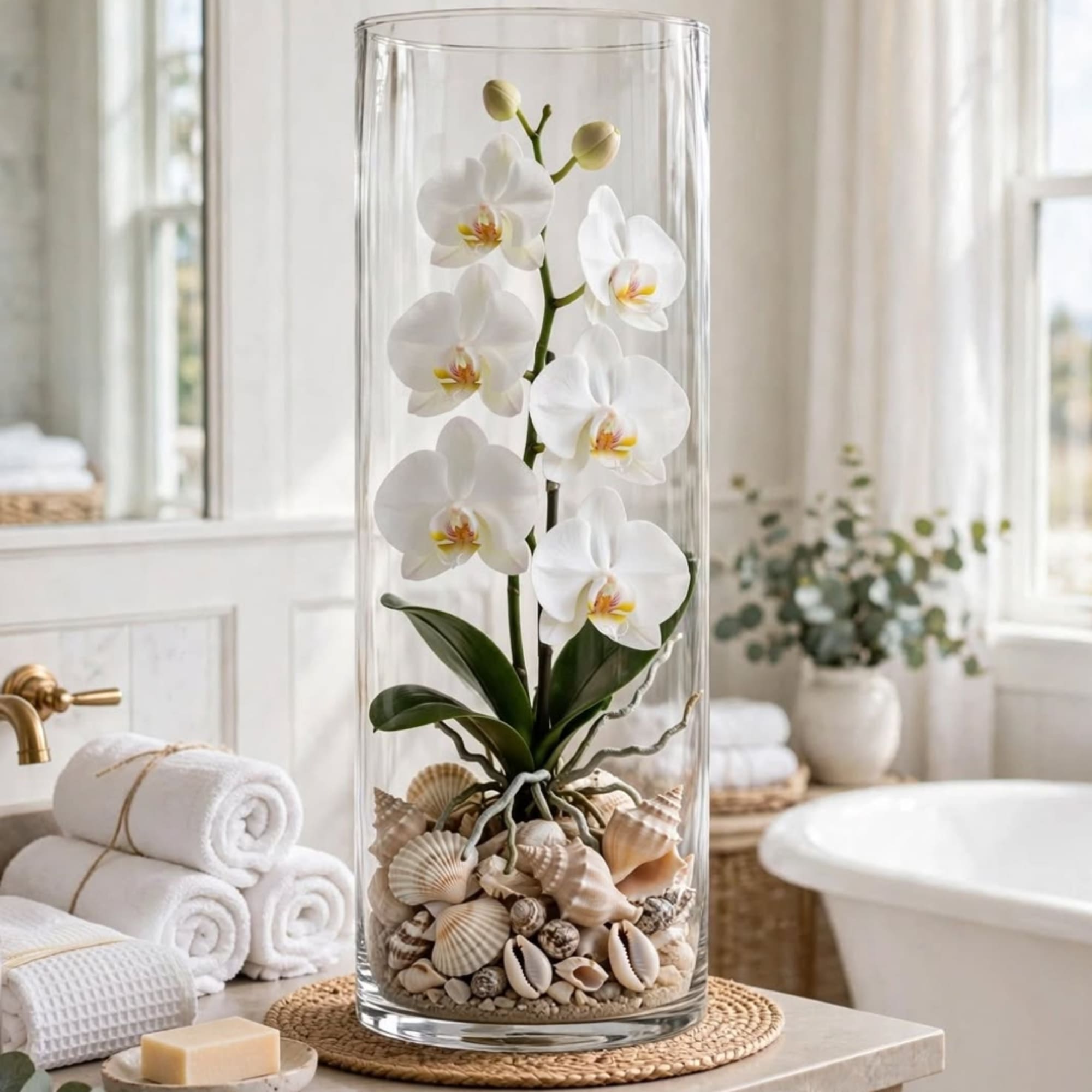 White orchid in a tall glass vase filled with seashells, photo 7 of 10