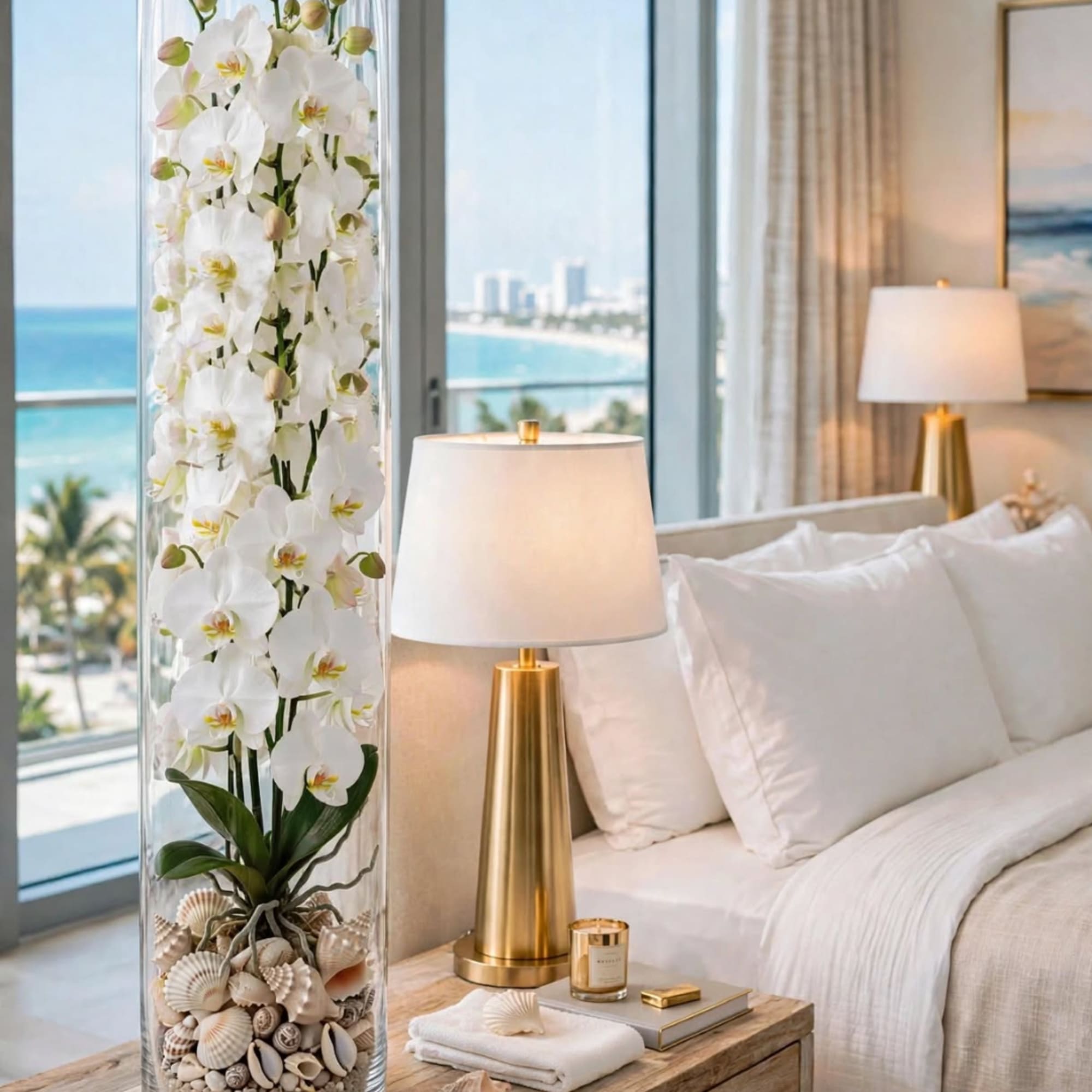 Tall white orchid arrangement in a clear glass cylinder with seashells