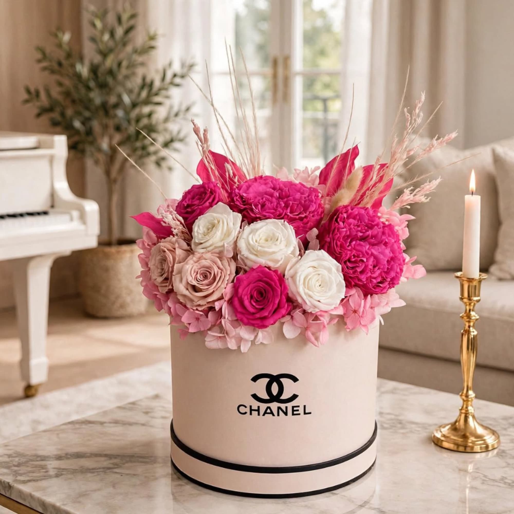 Pink and white roses in a round Chanel box beside a lit candle